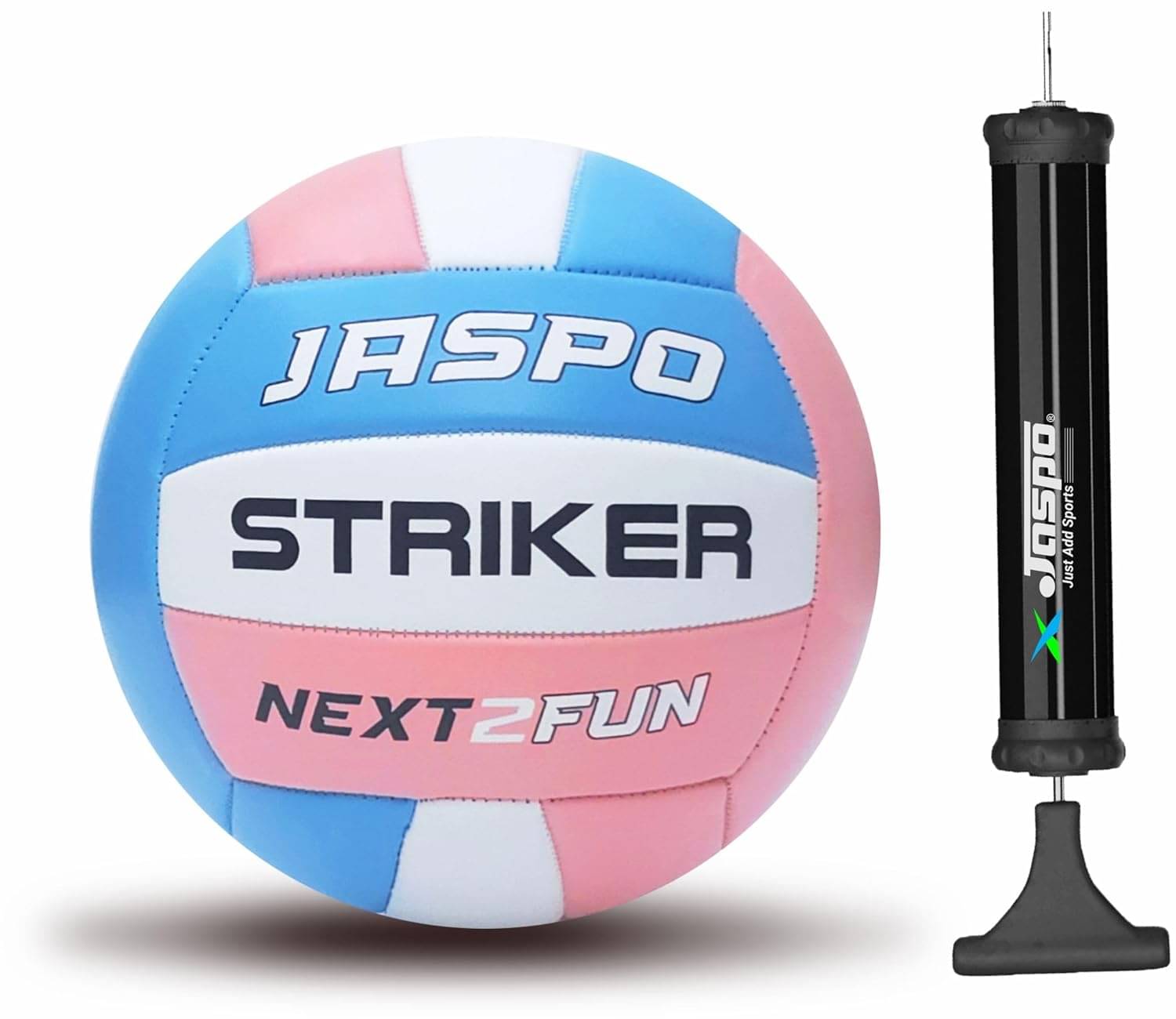     			Jaspo Soft Touch Recreational PU Leather Volleyball with Hand Air Pump, Machine Stitched Volleyball Waterproof Indoor/Outdoor Size:5 (Striker, Blue/White/Pink)