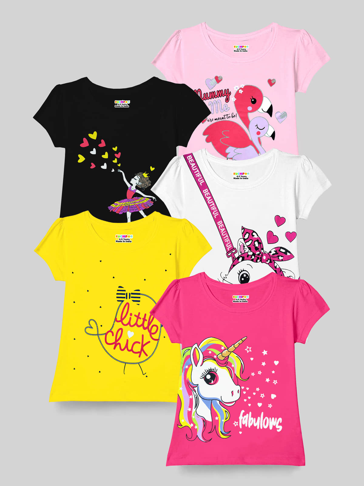 Kuchipoo Pack of 5 Girls Cotton Blend T-Shirt ( Multicolor )