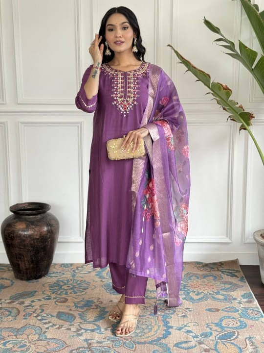     			LIZORD FAB Women Rayon Embroidered A-line Kurti With Pants ( Purple )
