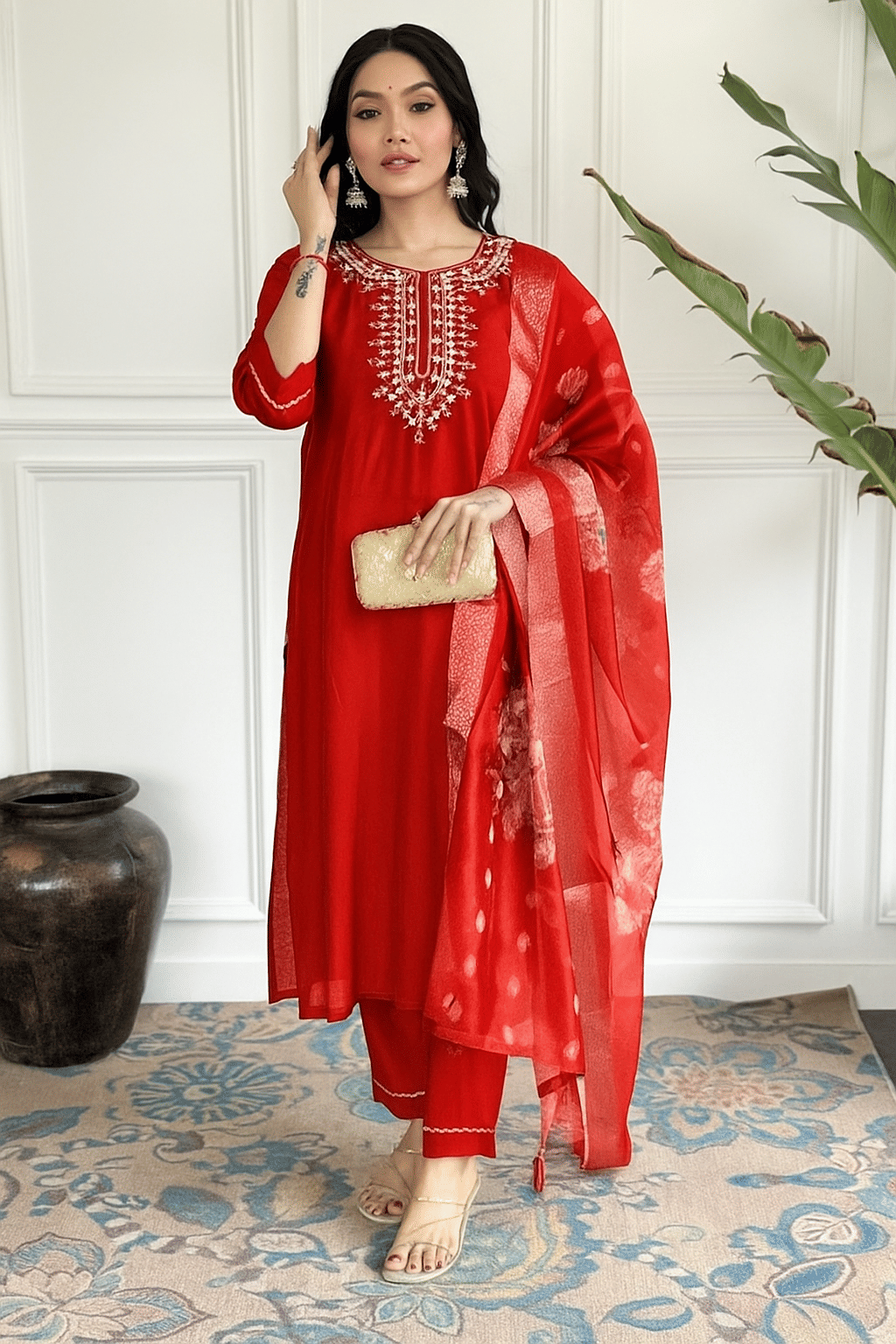     			LIZORD FAB Women Rayon Embroidered A-line Kurti With Pants ( Red )