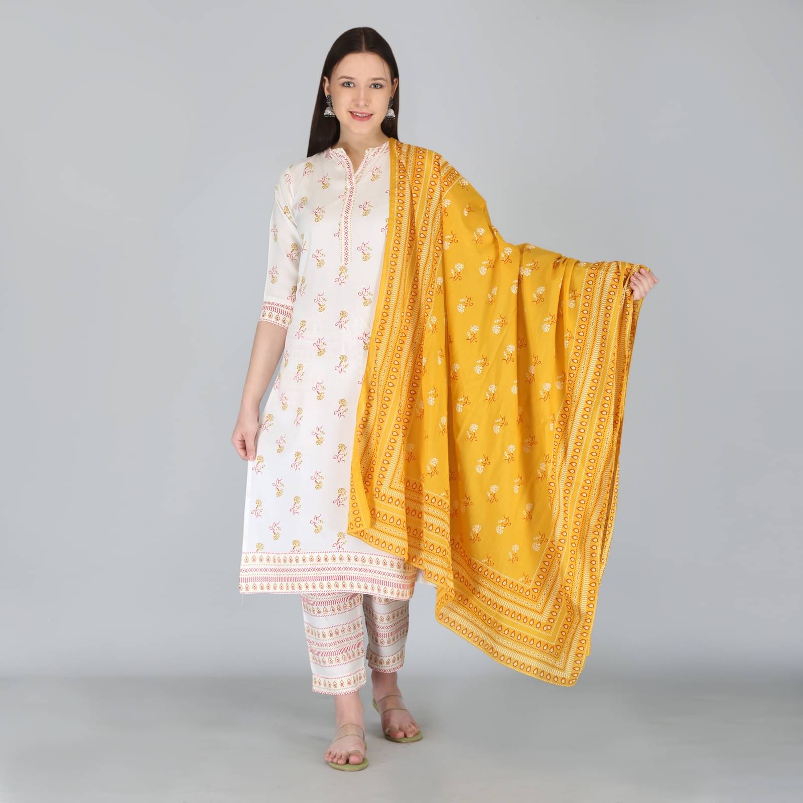     			MAUKA Women Rayon Printed Straight Kurti With Pants ( Yellow )