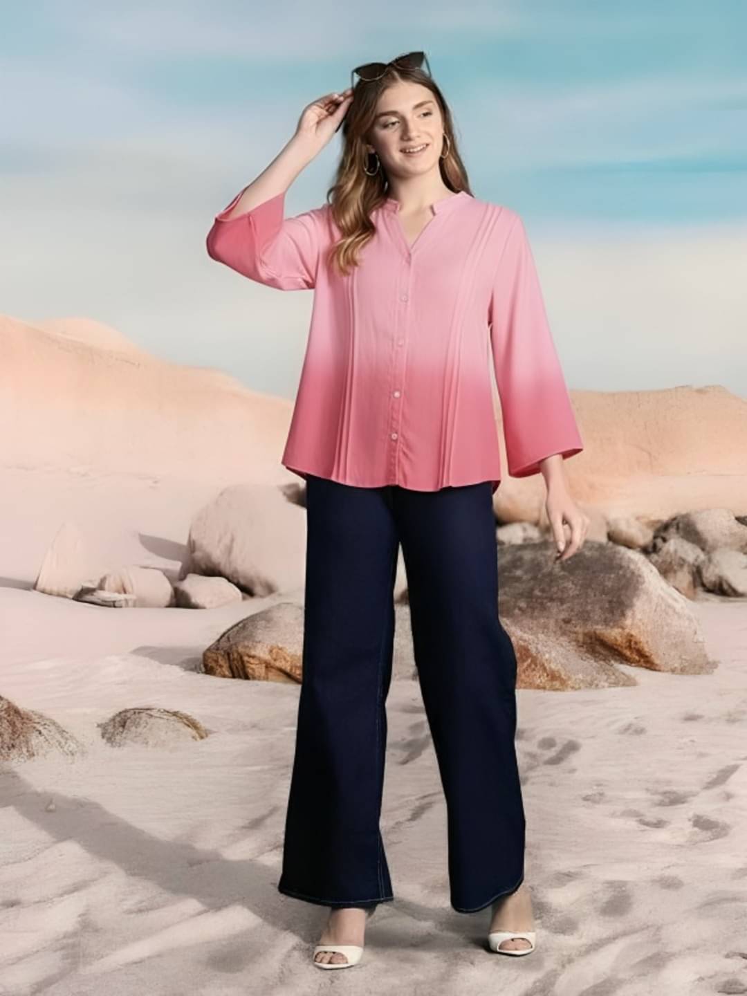     			MAYKR Women Solid Rayon Shirt ( Pink )