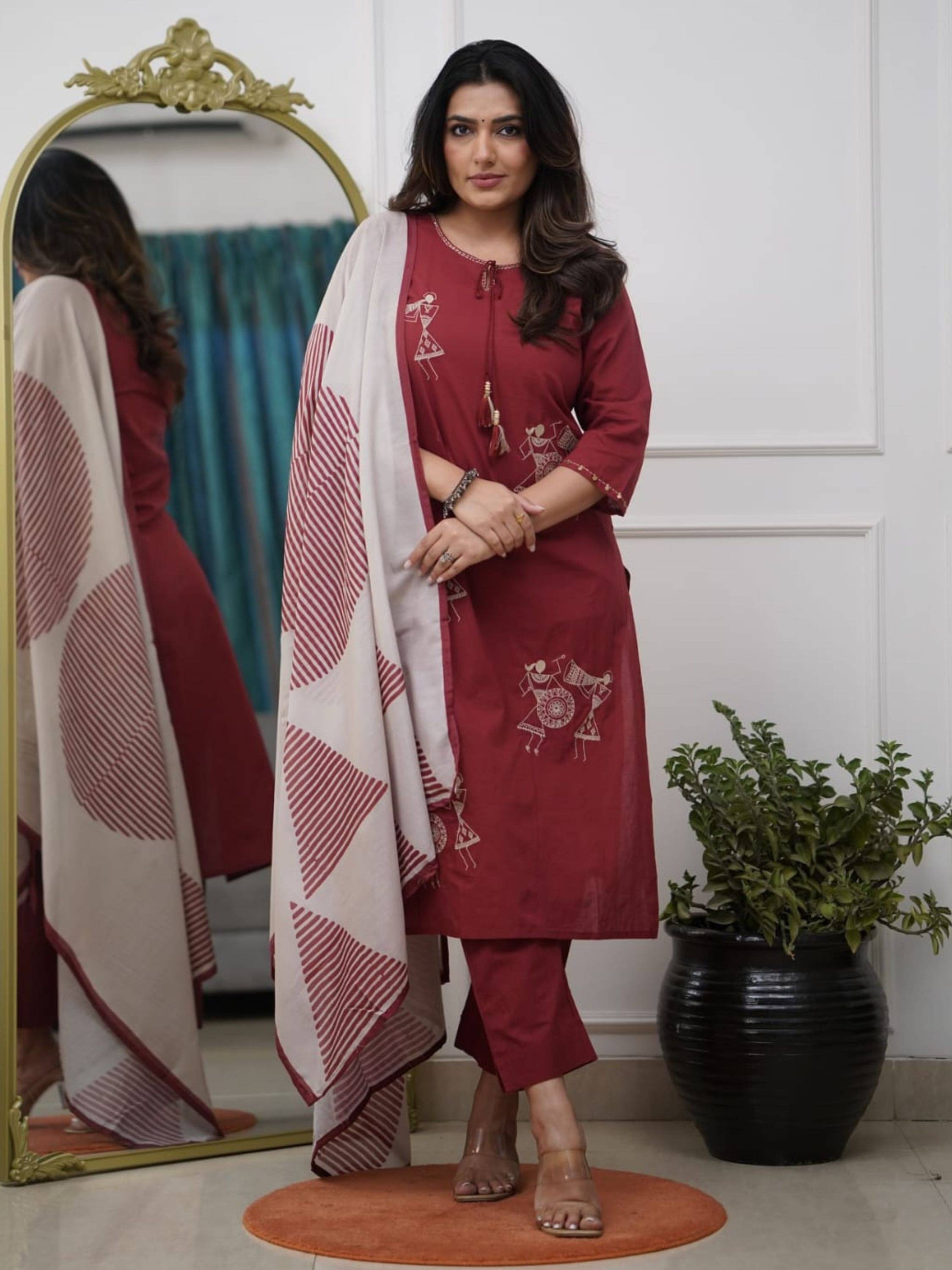     			Niza Fashion Women Silk Embroidered Straight Kurti With Pants ( Maroon )