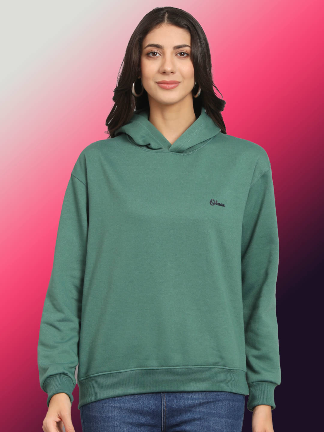 OBAAN Women Fleece Hooded Sweatshirt ( Green ) OBAAN Women Fleece Hooded Sweatshirt ( Green )
