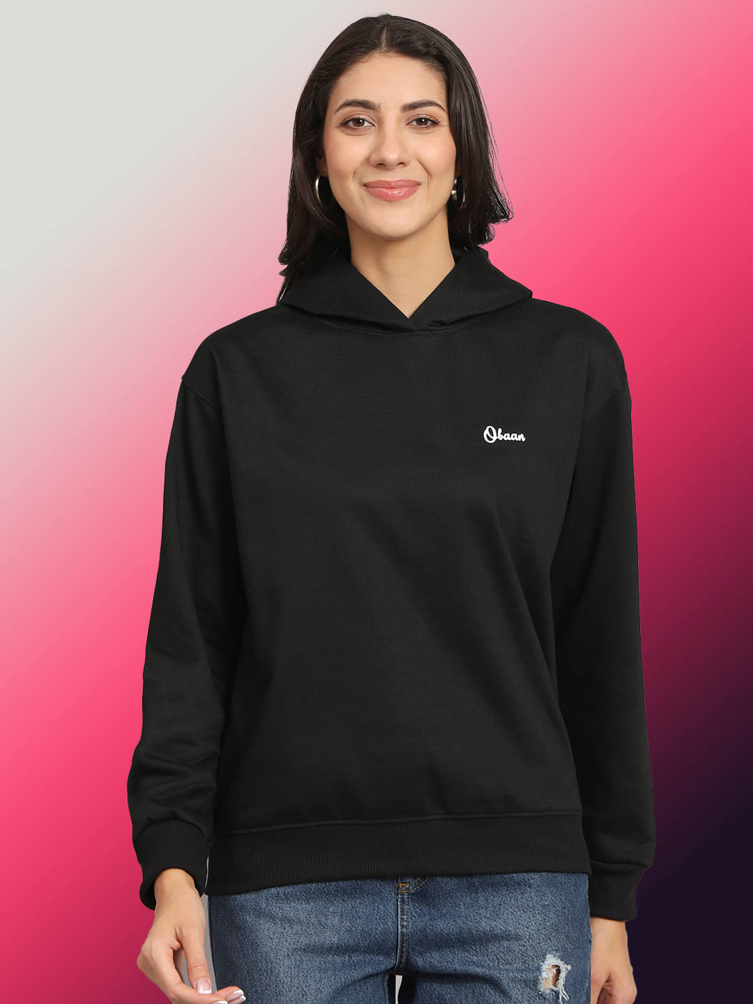 OBAAN Women Fleece Hooded Sweatshirt ( Black ) OBAAN Women Fleece Hooded Sweatshirt ( Black )