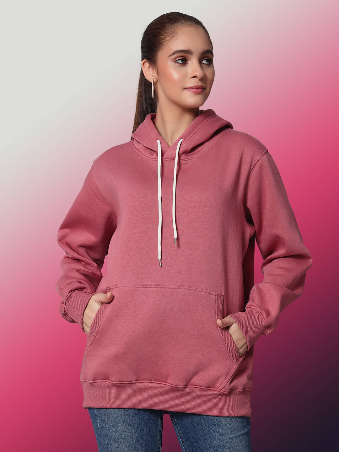 OBAAN Women Fleece Hooded Sweatshirt ( Pink )     			OBAAN Women Fleece Hooded Sweatshirt ( Pink )