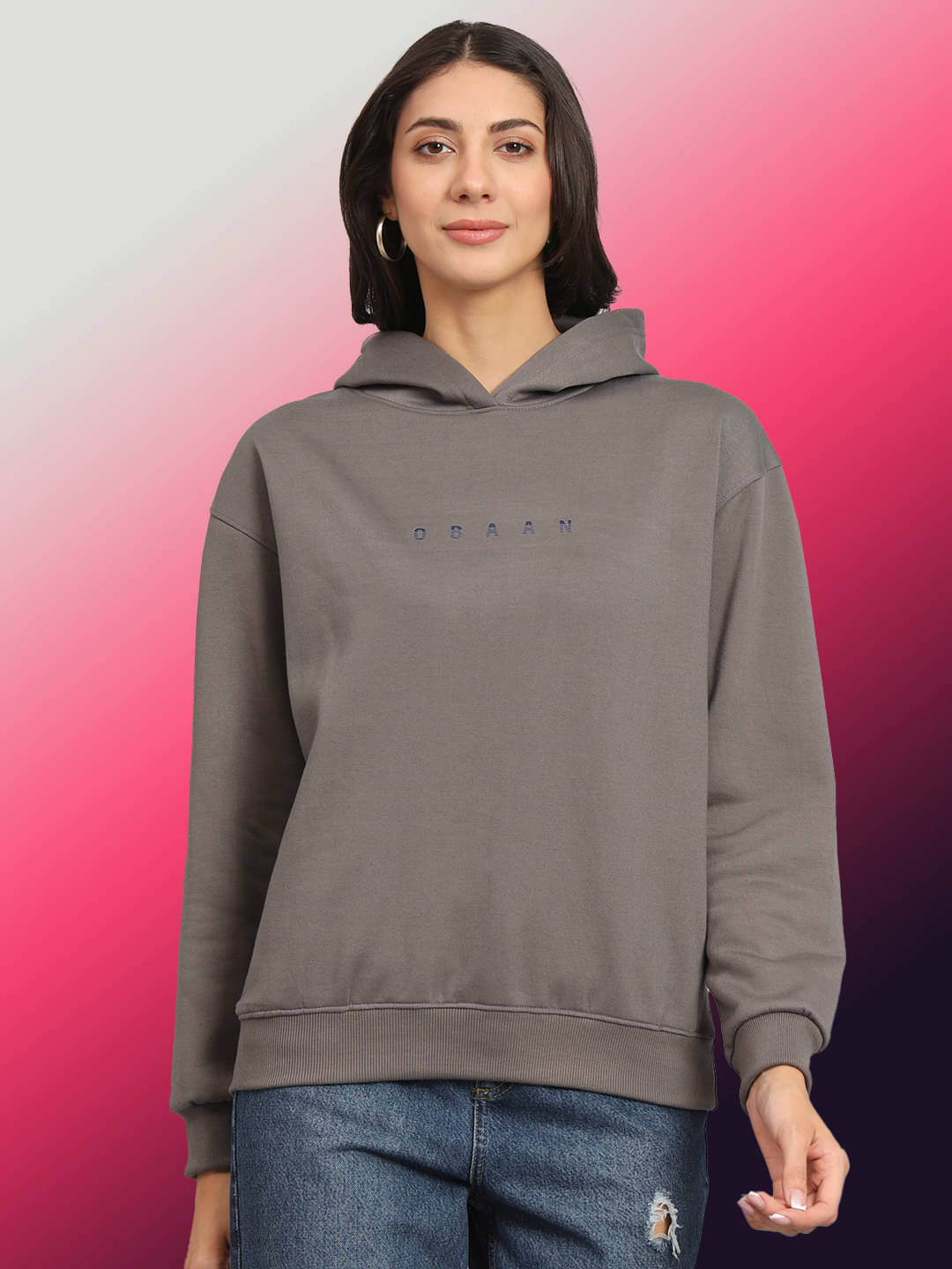     			OBAAN Women Fleece Hooded Sweatshirt ( Grey )