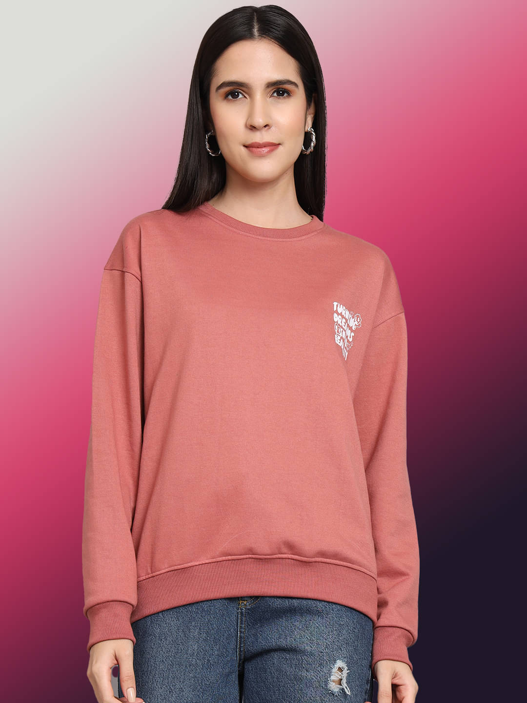 OBAAN Women Fleece Round Neck Sweatshirt ( Pink ) OBAAN Women Fleece Round Neck Sweatshirt ( Pink )