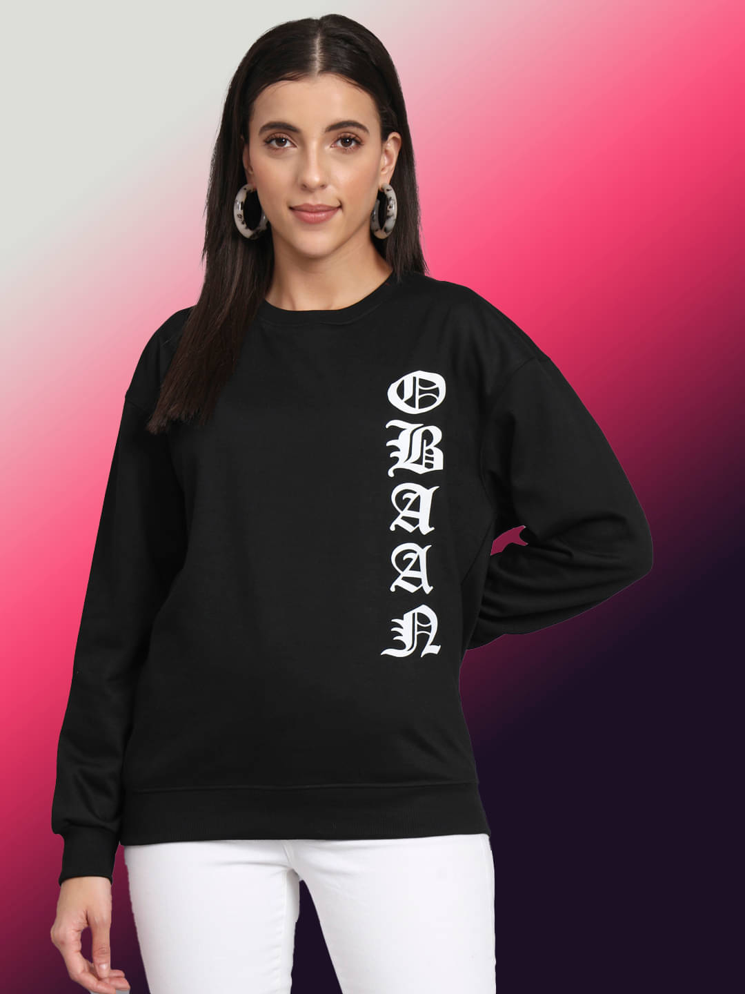 OBAAN Women Fleece Round Neck Sweatshirt ( Black ) OBAAN Women Fleece Round Neck Sweatshirt ( Black )