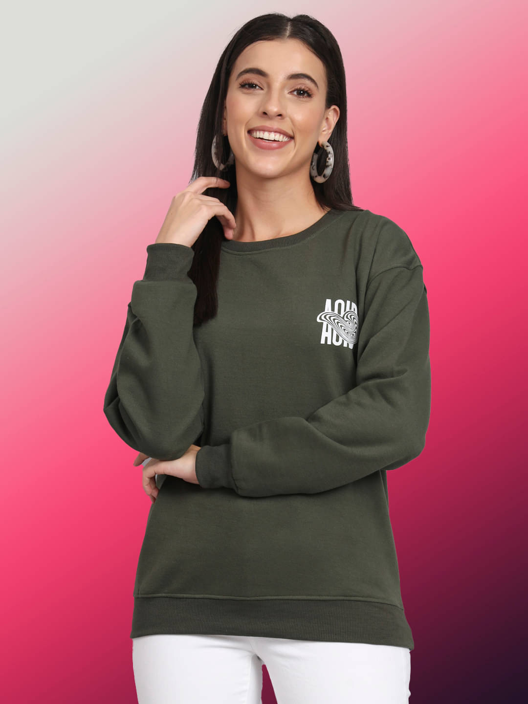 OBAAN Women Fleece Round Neck Sweatshirt ( Olive ) OBAAN Women Fleece Round Neck Sweatshirt ( Olive )
