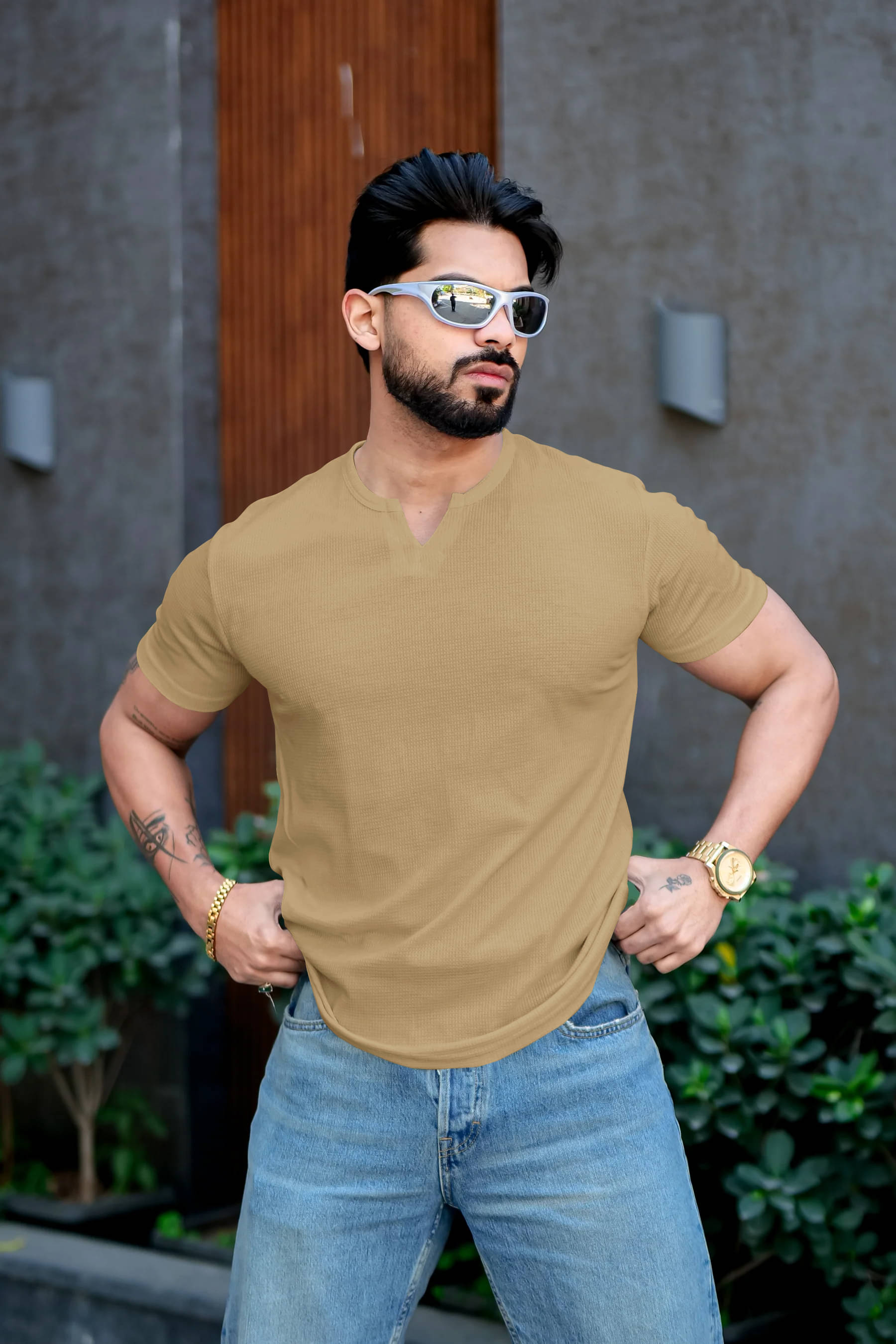     			RUFICA Men Cotton Blend Regular Fit Self Design T-Shirt ( Beige )