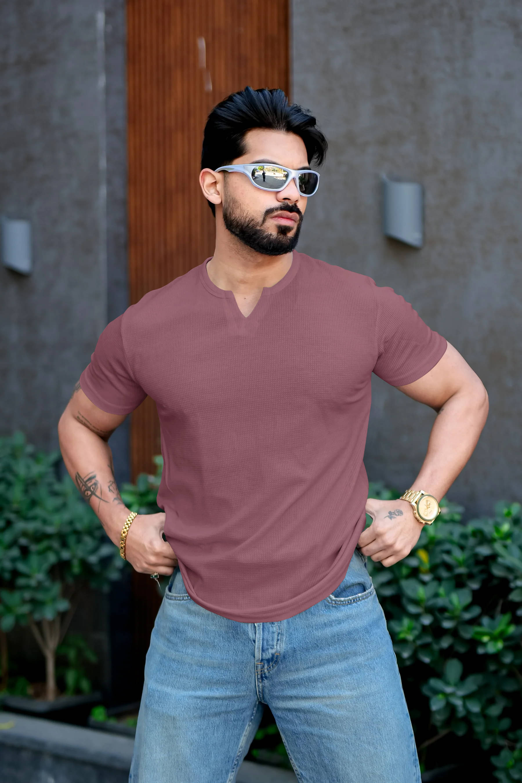     			RUFICA Men Cotton Blend Regular Fit Self Design T-Shirt ( Purple )