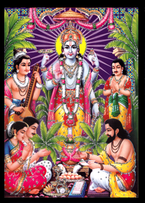     			SRI SATYANARAYAN VISHNU Sparkled Laminated Photo 8 (Width) x 11 (Length) inch on Wooden Base With Back Support & Wall Hanging Mount