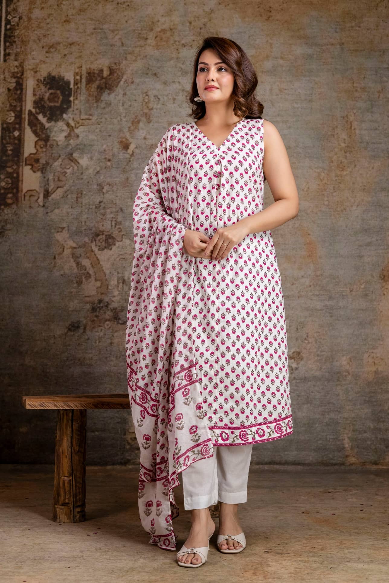 Shivaradhya designers Women Cotton Printed A-line Kurti With Pants ( Off White )