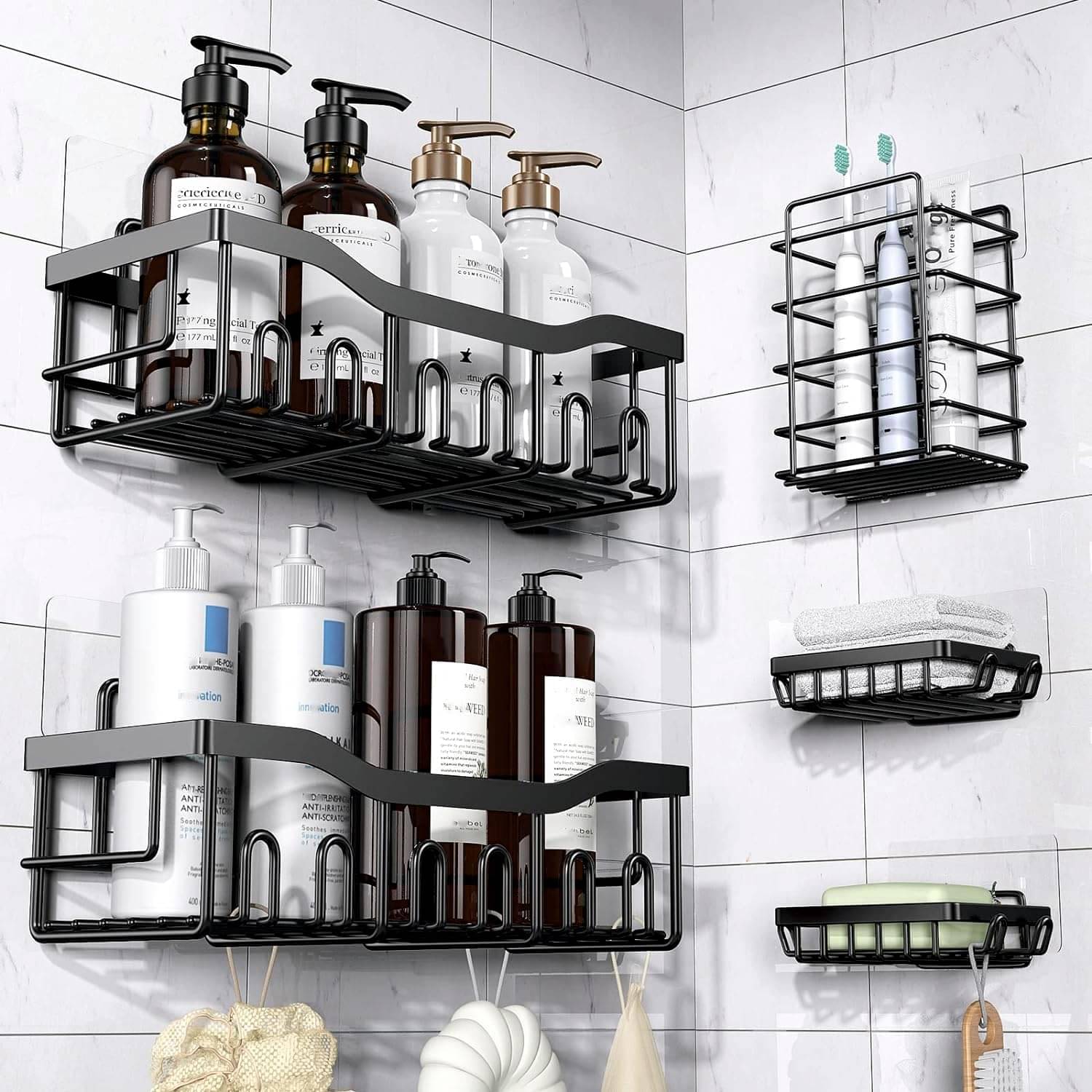     			SmartHomeMart Bathroom Accessories 5-in-1 Self-Adhesive Bathroom Organizer Combo | No-Drill Wall-Mounted Self-Adhesive Wall Shelf Set with Soap Dish, Toothbrush Holder & Metal Racks (Black)