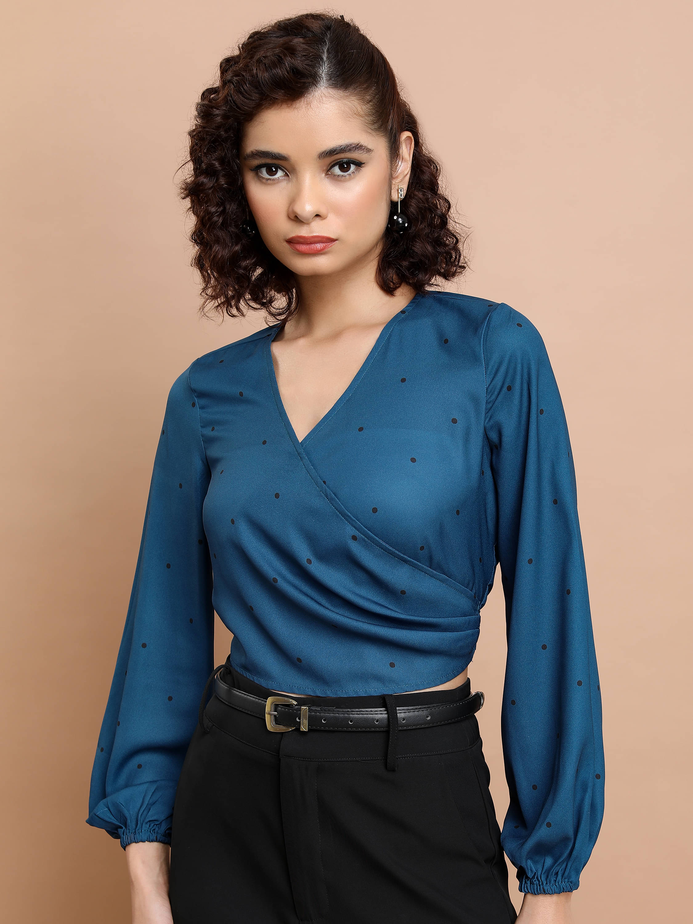 Tokyo Talkies Women's Polyester Wrap Top ( Blue )     			Tokyo Talkies Women's Polyester Wrap Top ( Blue )