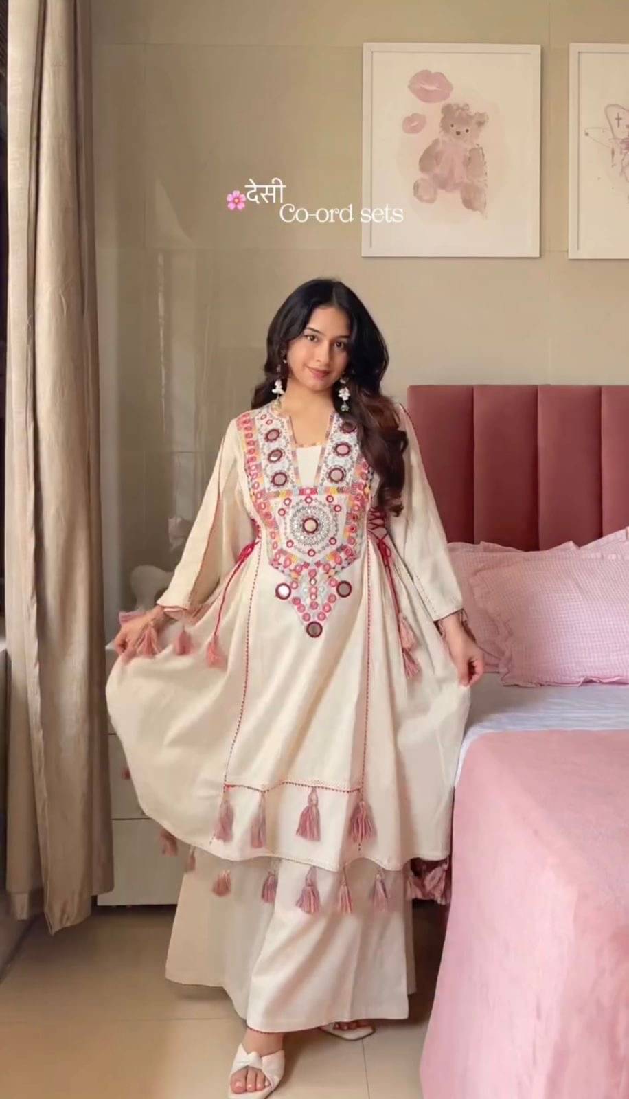     			Topshop Fashion Women Cotton Embroidered A-line Kurti With Palazzo ( White )