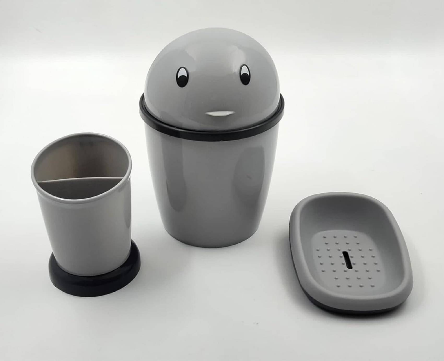     			YUIOP - TIDY Bathroom Bin COMBO Set - Mini_Dust Bin, Multi-Use Stand, Soap Case (Pack Of 3) (Grey)