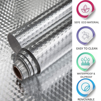     			ZAPPYPOP Premium 3D Geometric Silver Self Adhesive Wallpaper – Waterproof, Oil Proof, Heat Resistant Wall Sticker for Kitchen & Home Decoration Material – 60 x 200 cm