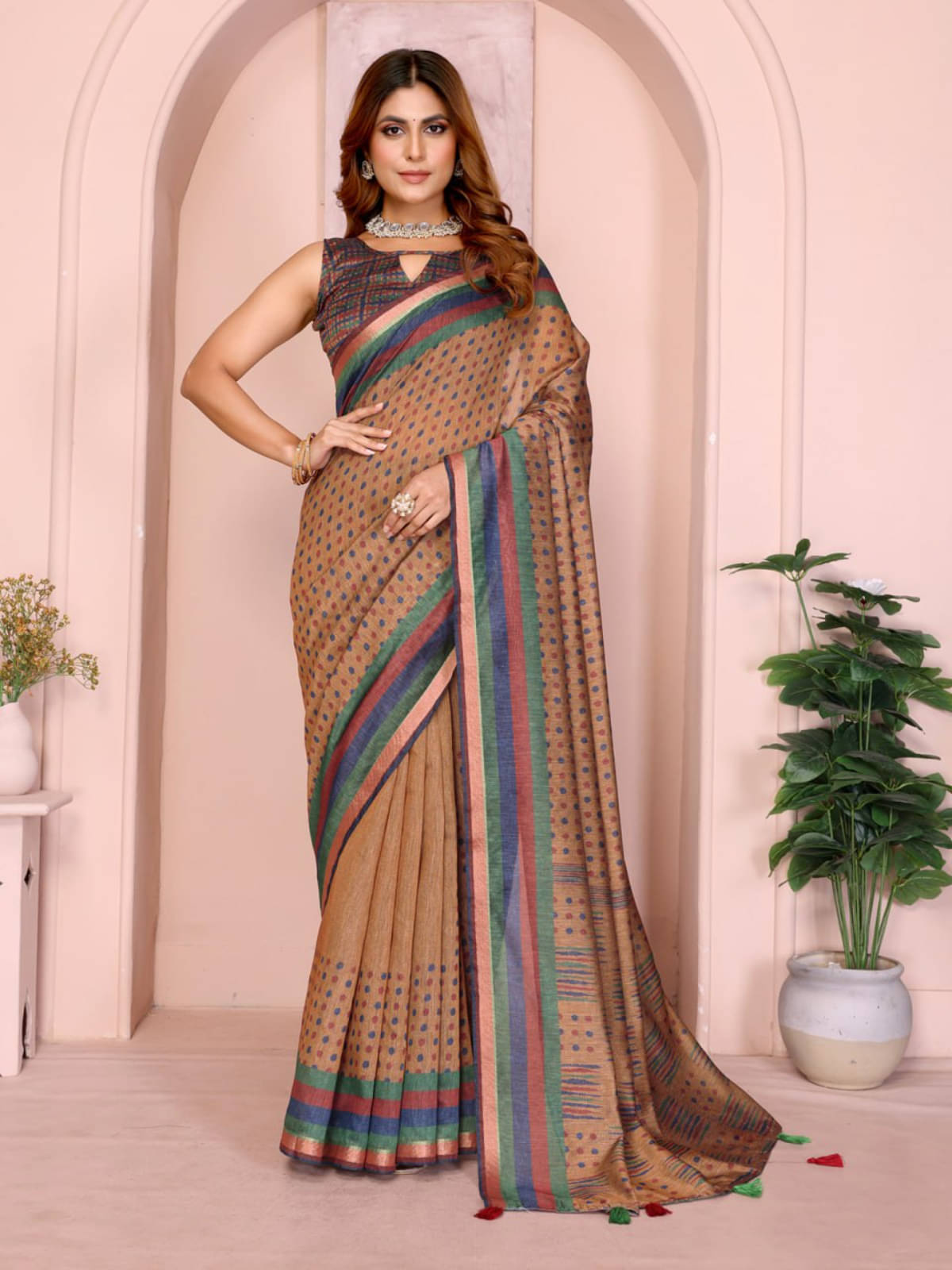     			kastbhanjan Chanderi Printed Chanderi saree With Unstitched Blouse Piece ( Brown )