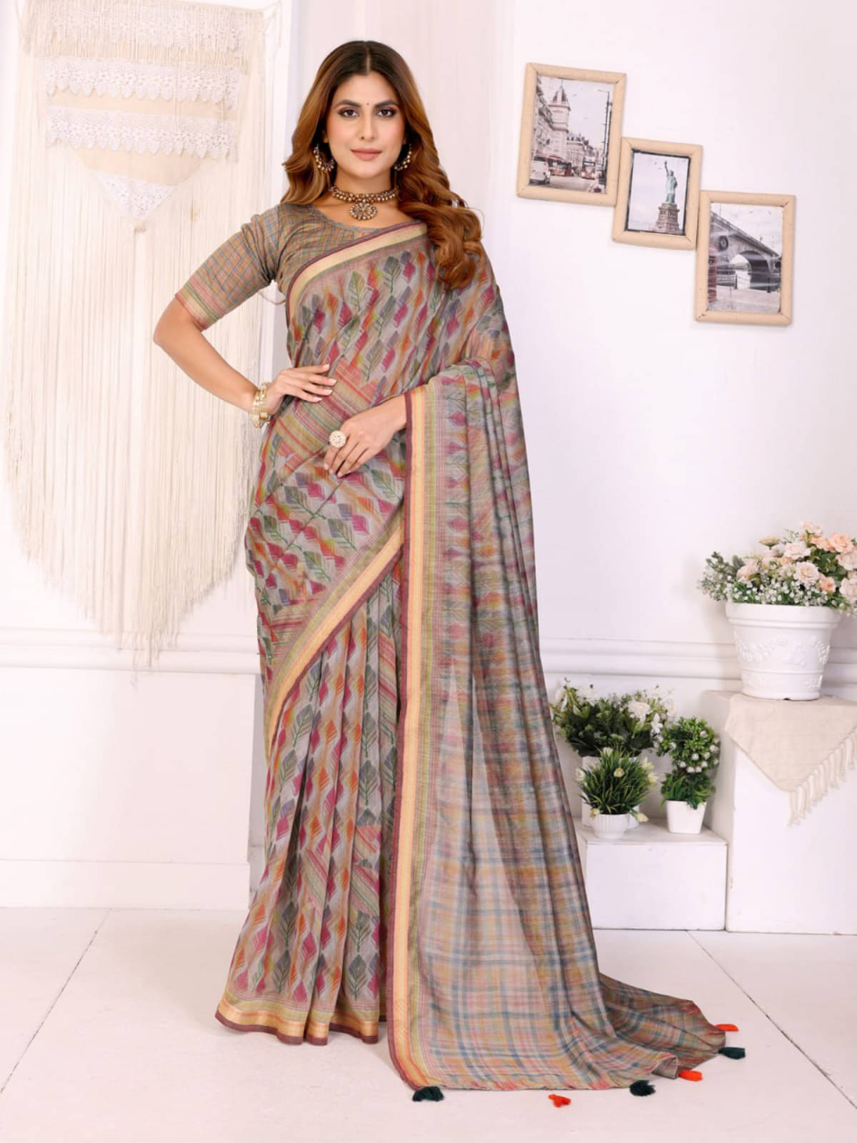     			kastbhanjan Chanderi Printed Chanderi saree With Unstitched Blouse Piece ( Grey )