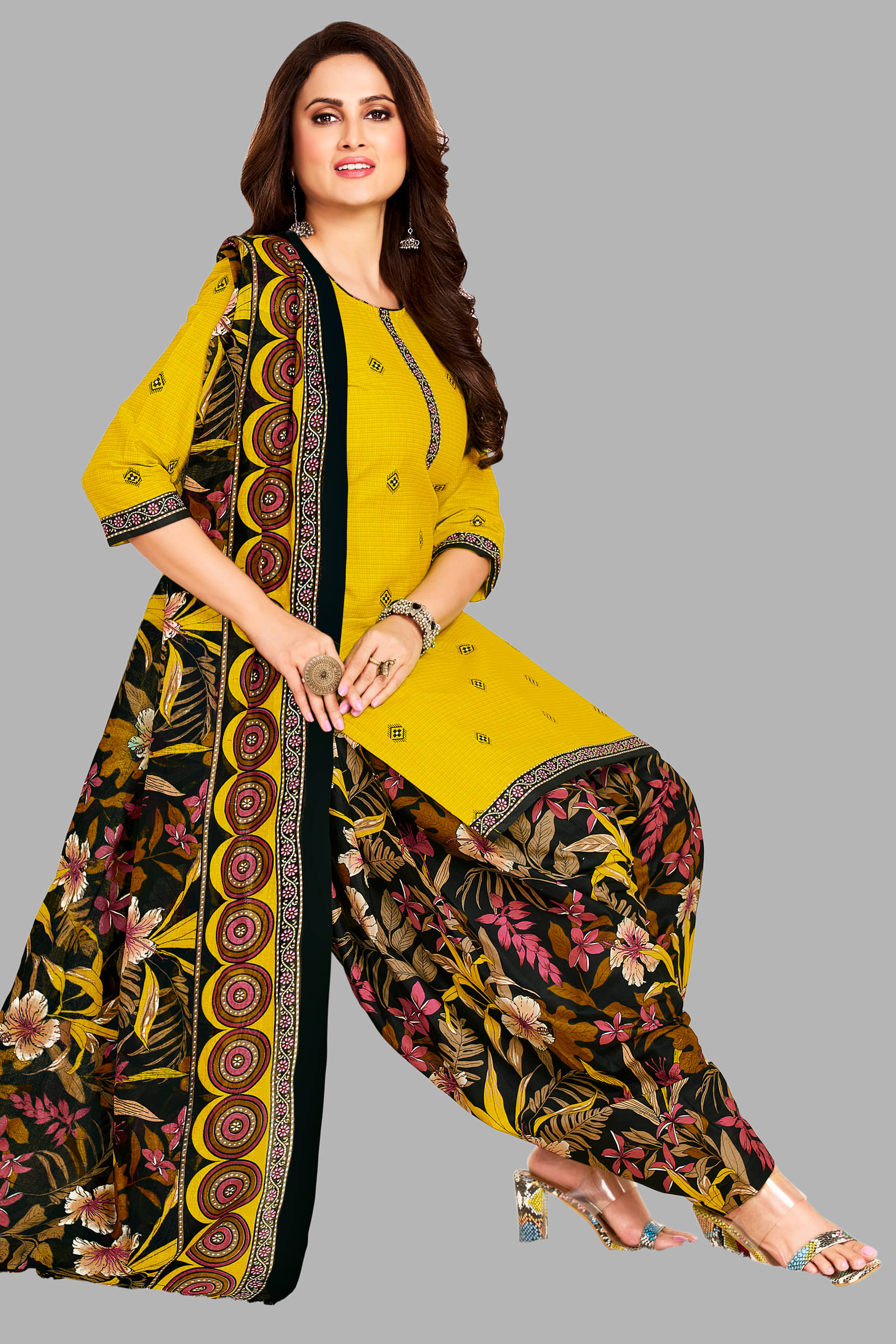     			shree jeenmata collection Women Cotton Unstitched Dress Material ( Yellow )