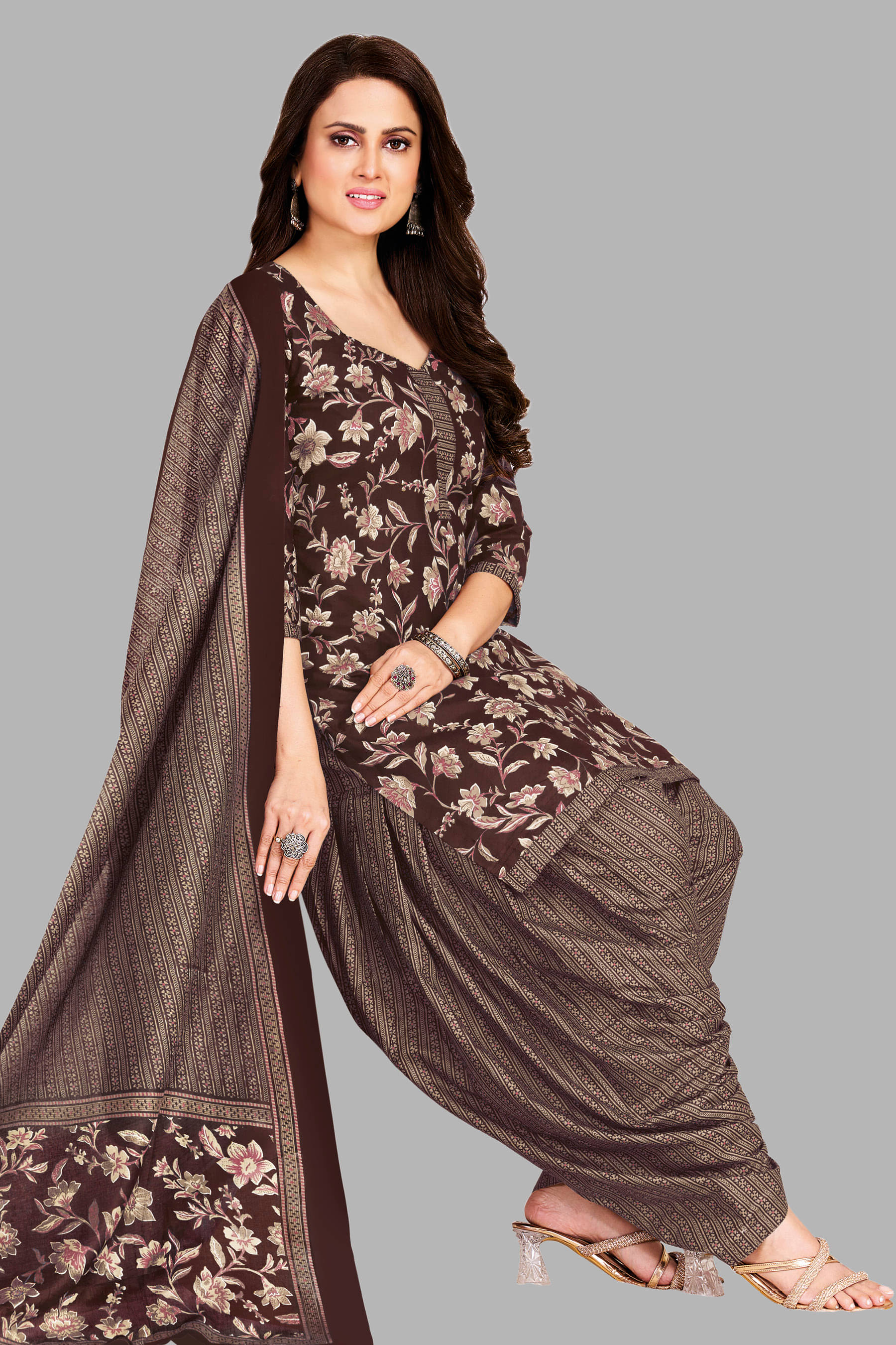     			shree jeenmata collection Women Cotton Unstitched Dress Material ( Brown )