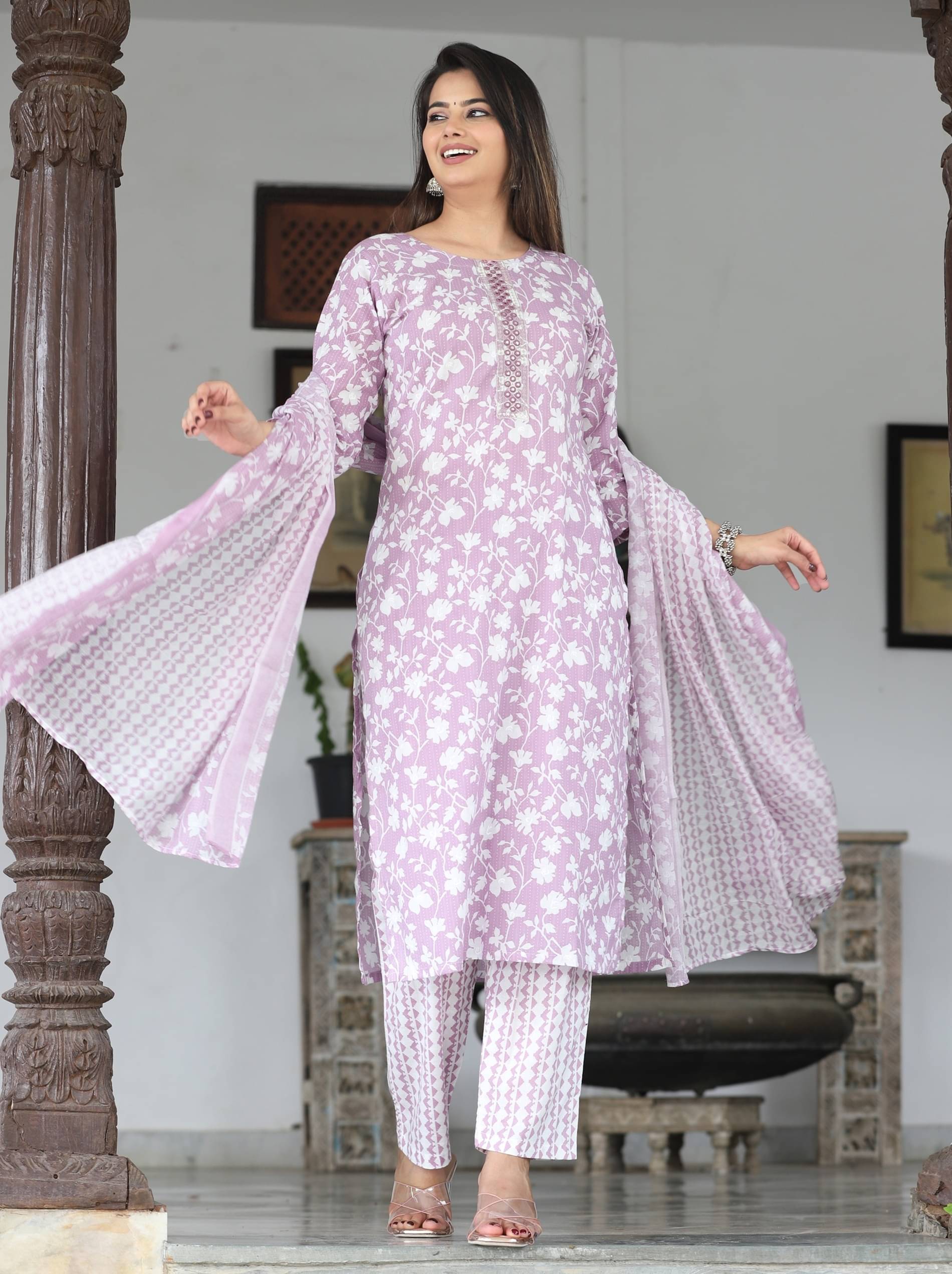     			wishtara Women Cotton Embroidered Straight Kurti With Salwar ( Lavendar )