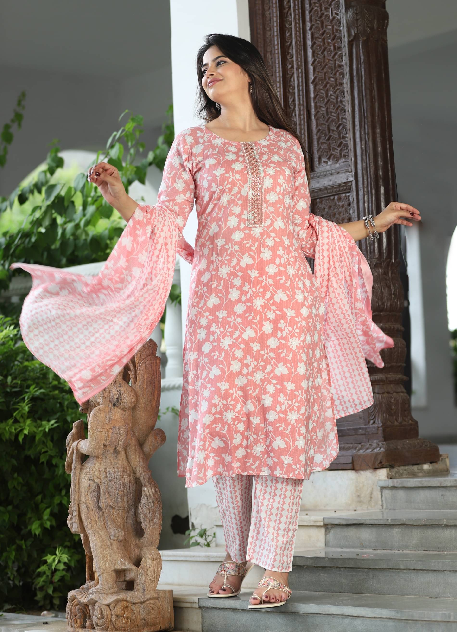     			wishtara Women Cotton Embroidered Straight Kurti With Salwar ( Peach )