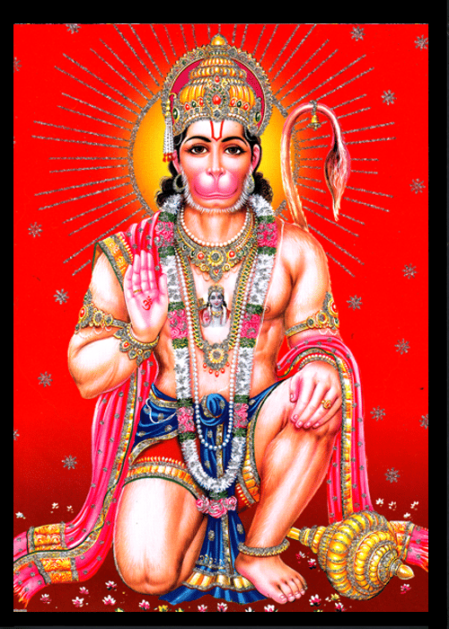     			BAJRANGBALI HANUMAN JI Sparkled Laminated Photo 8 (Width) x 11 (Length) inch on Wooden Base With Back Support & Wall Hanging Mount
