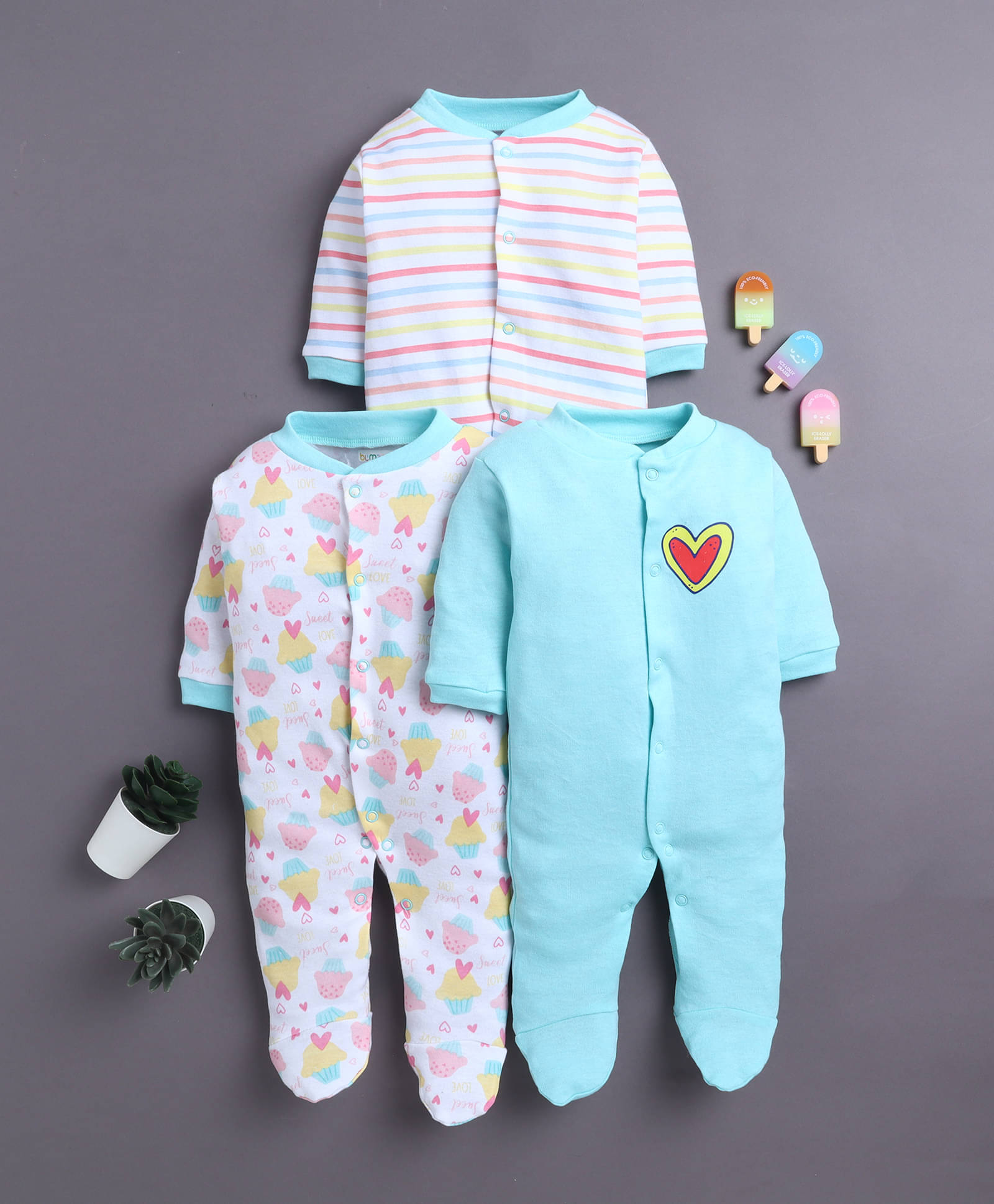     			BUMZEE Pack of 3 Baby Girls Cotton Rompers ( Mint Green )