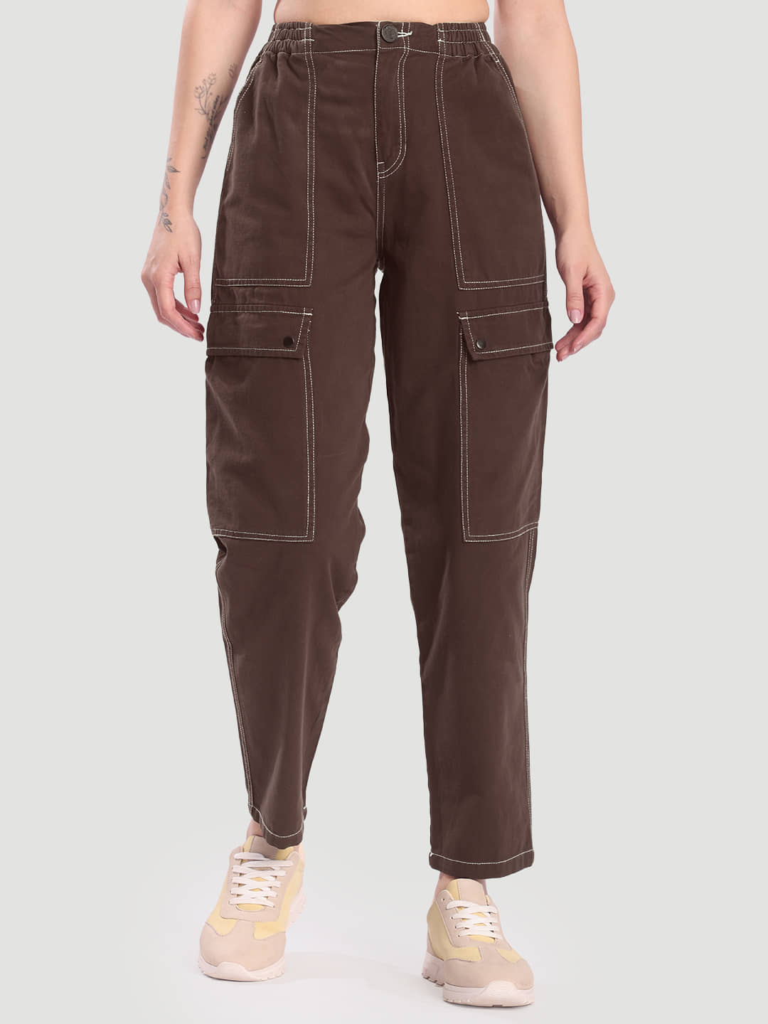 Bene Kleed Women Cotton Cargos Trousers ( Brown ) - Trousers | Buy online on ZillyBuy