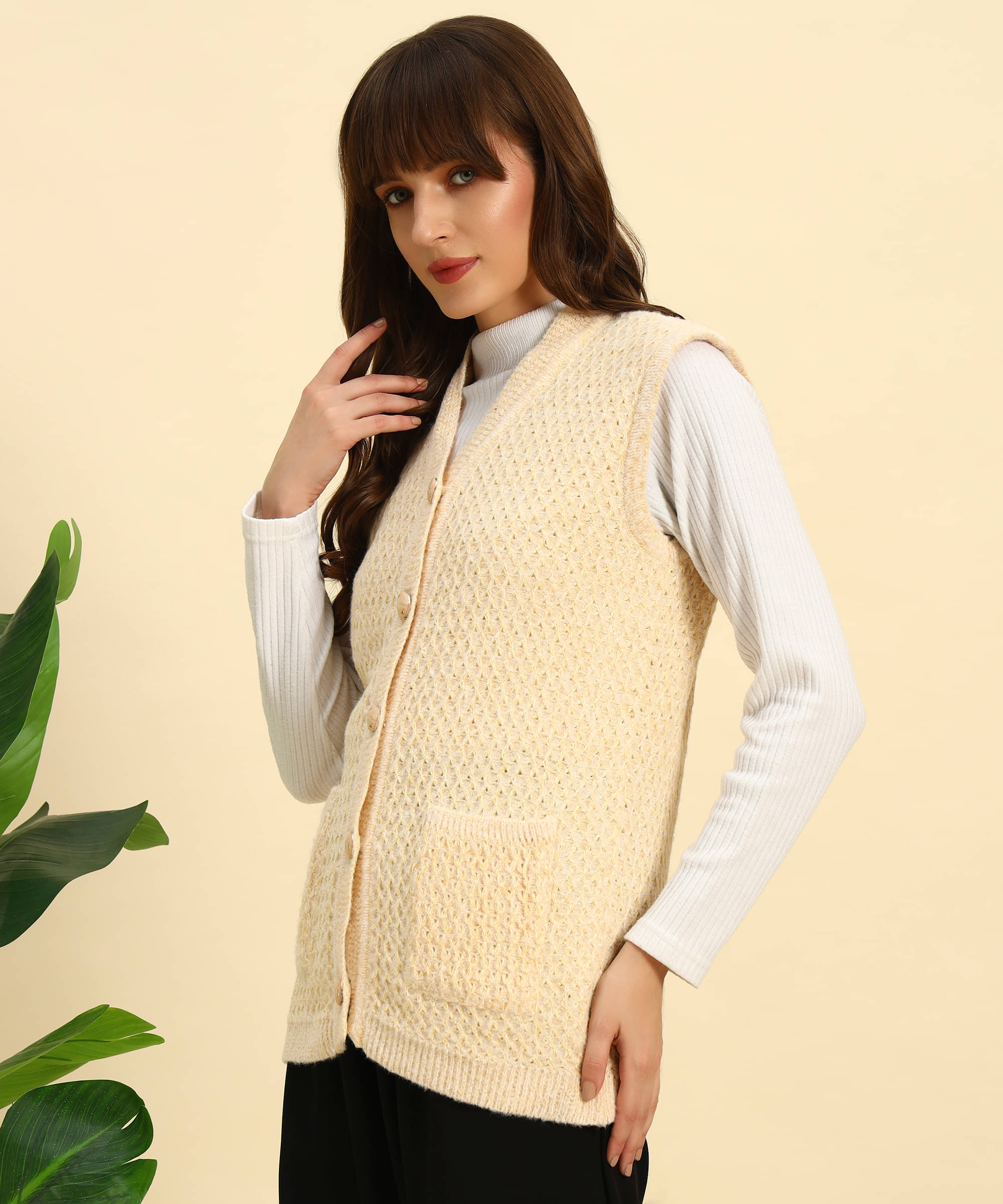     			Canblar Woollen V Neck Women's Buttoned Cardigans - Beige ( Pack of 1 )