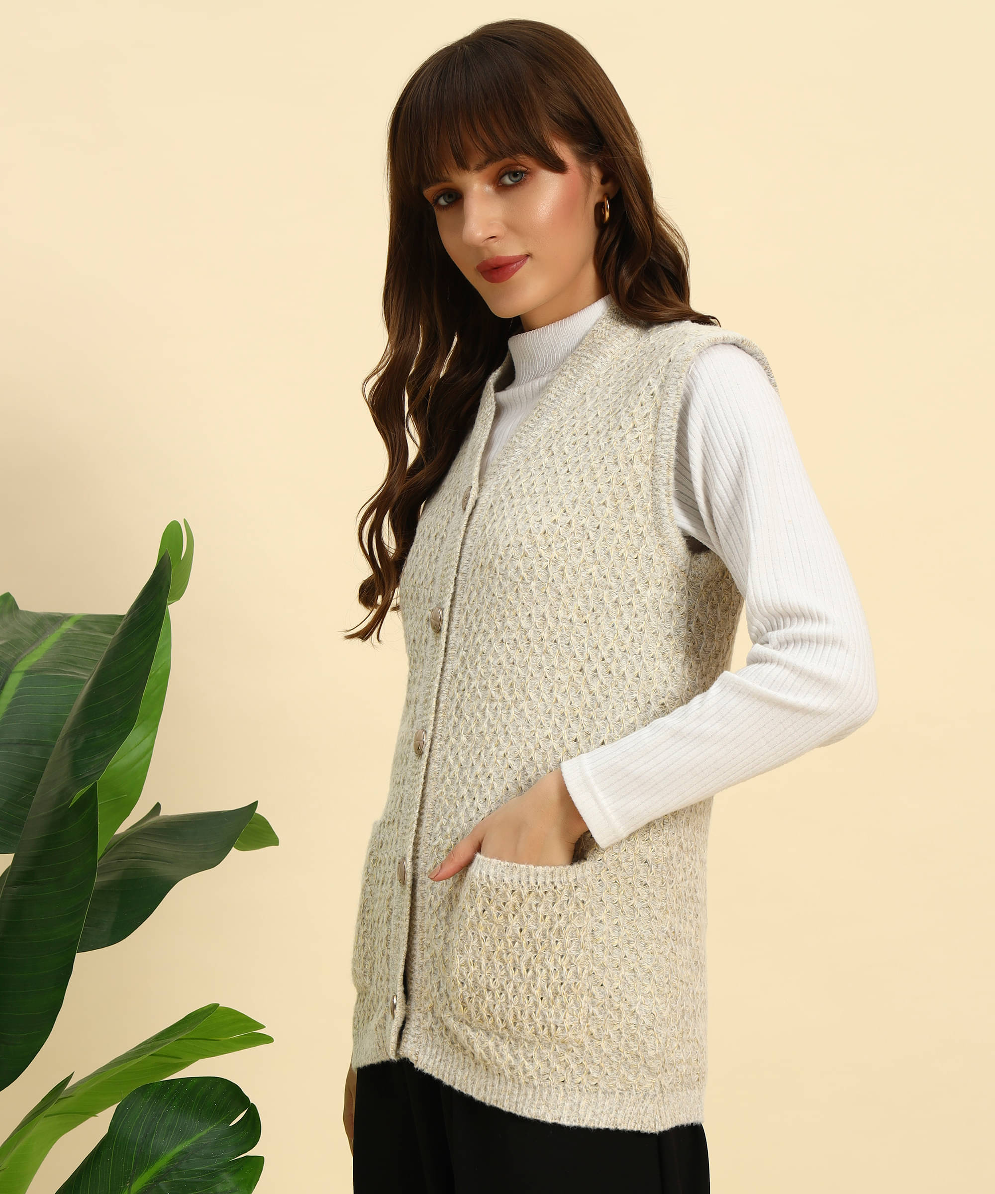 Canblar Woollen V Neck Women's Buttoned Cardigans - Off White ( Pack of 1 ) Canblar Woollen V Neck Women's Buttoned Cardigans - Off White ( Pack of 1 )