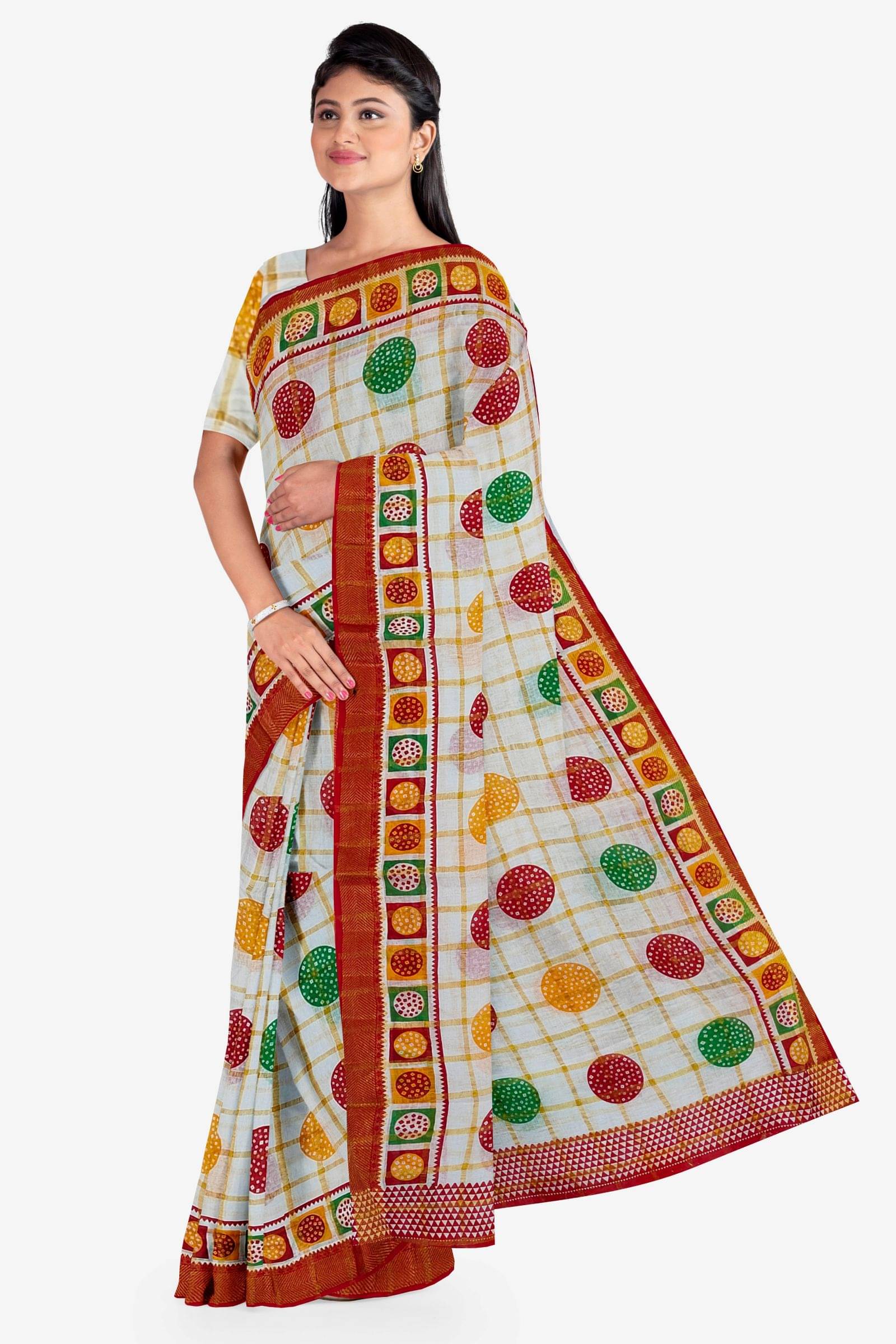     			Dishita Cotton Checked Bandhani Sarees Without Blouse Piece ( White )