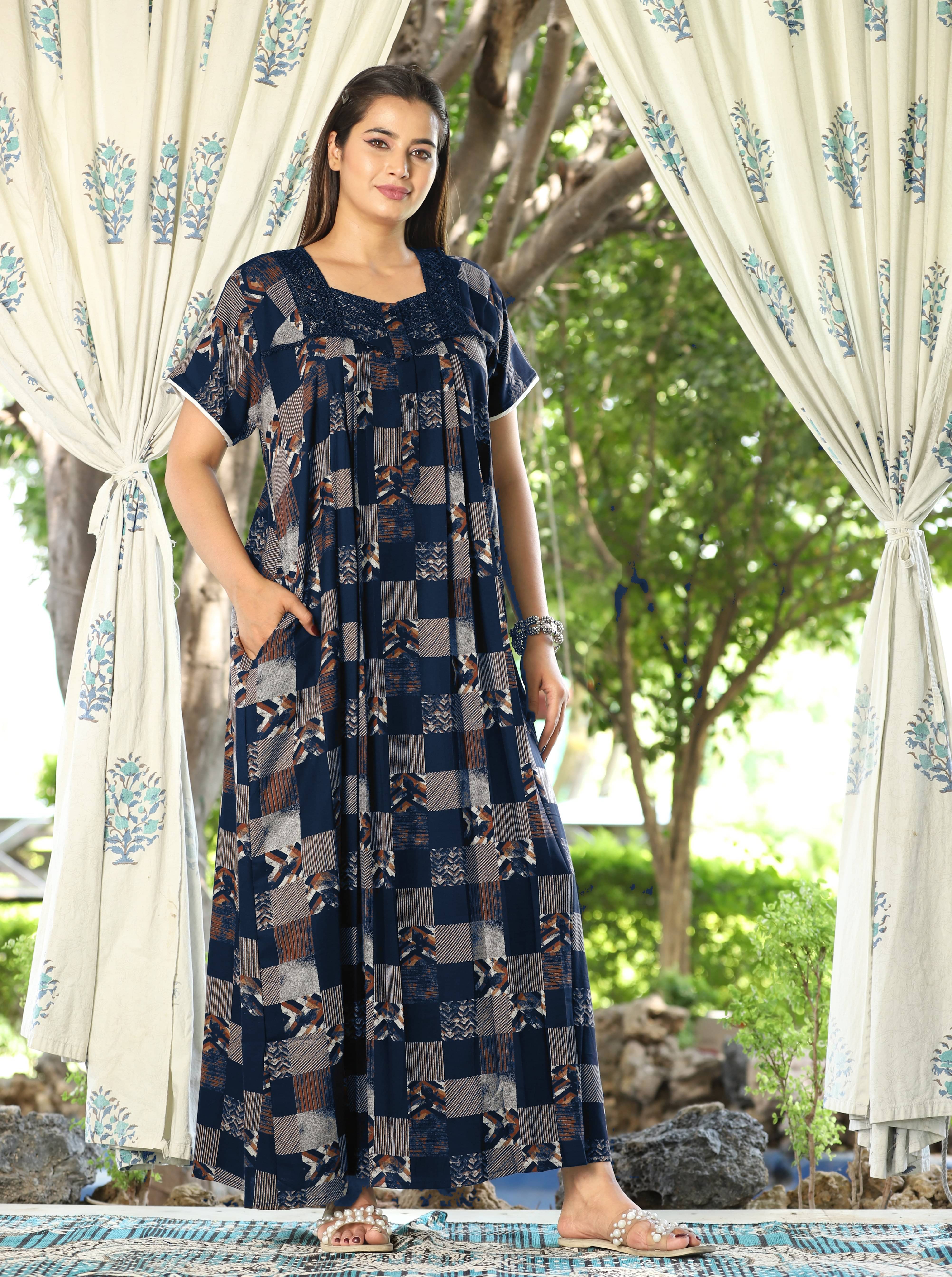     			G4Girl Rayon Embroidered Women Regular Nighty ( Navy )
