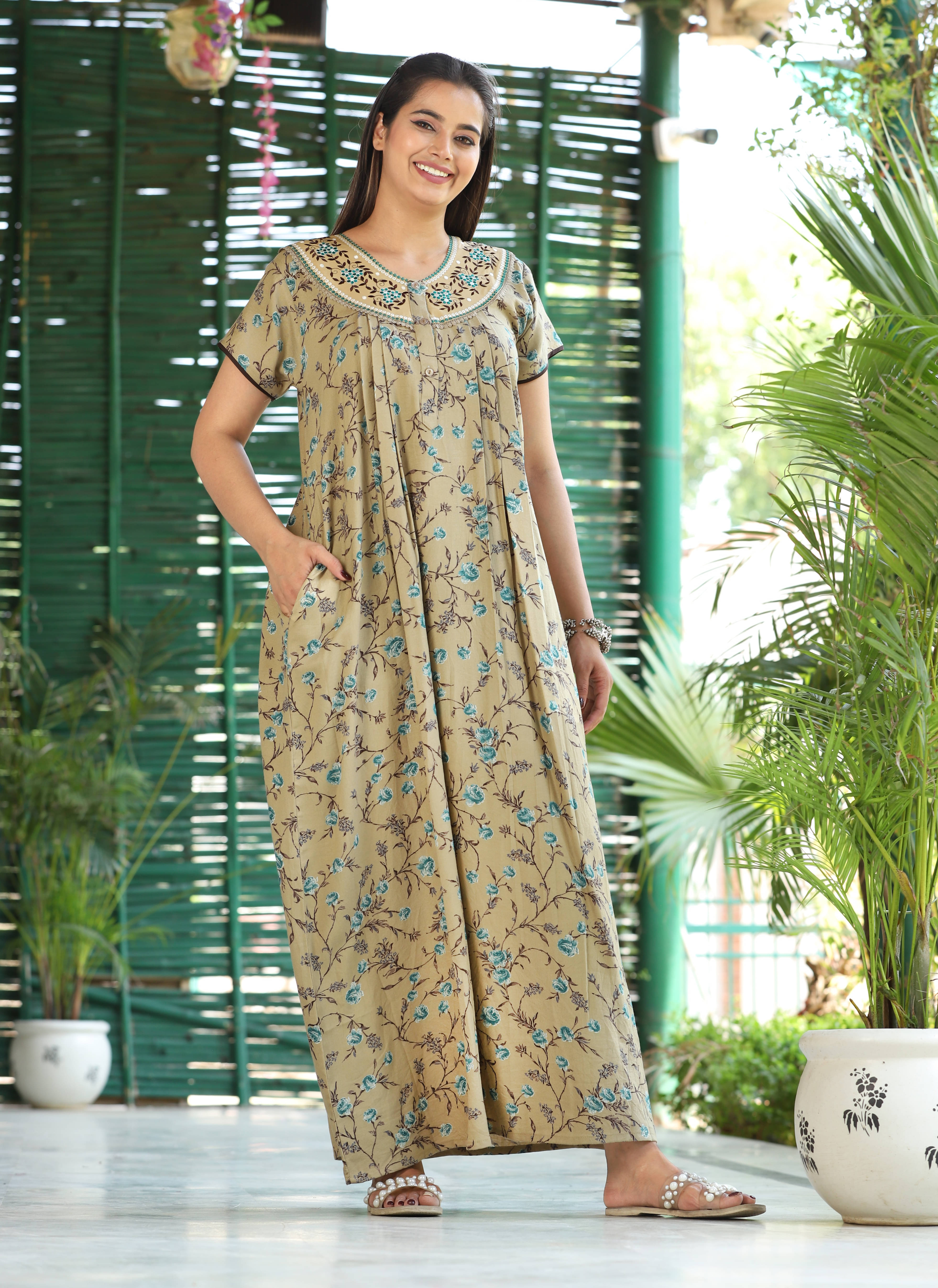     			G4Girl Rayon Embroidered Women Regular Nighty ( Beige )
