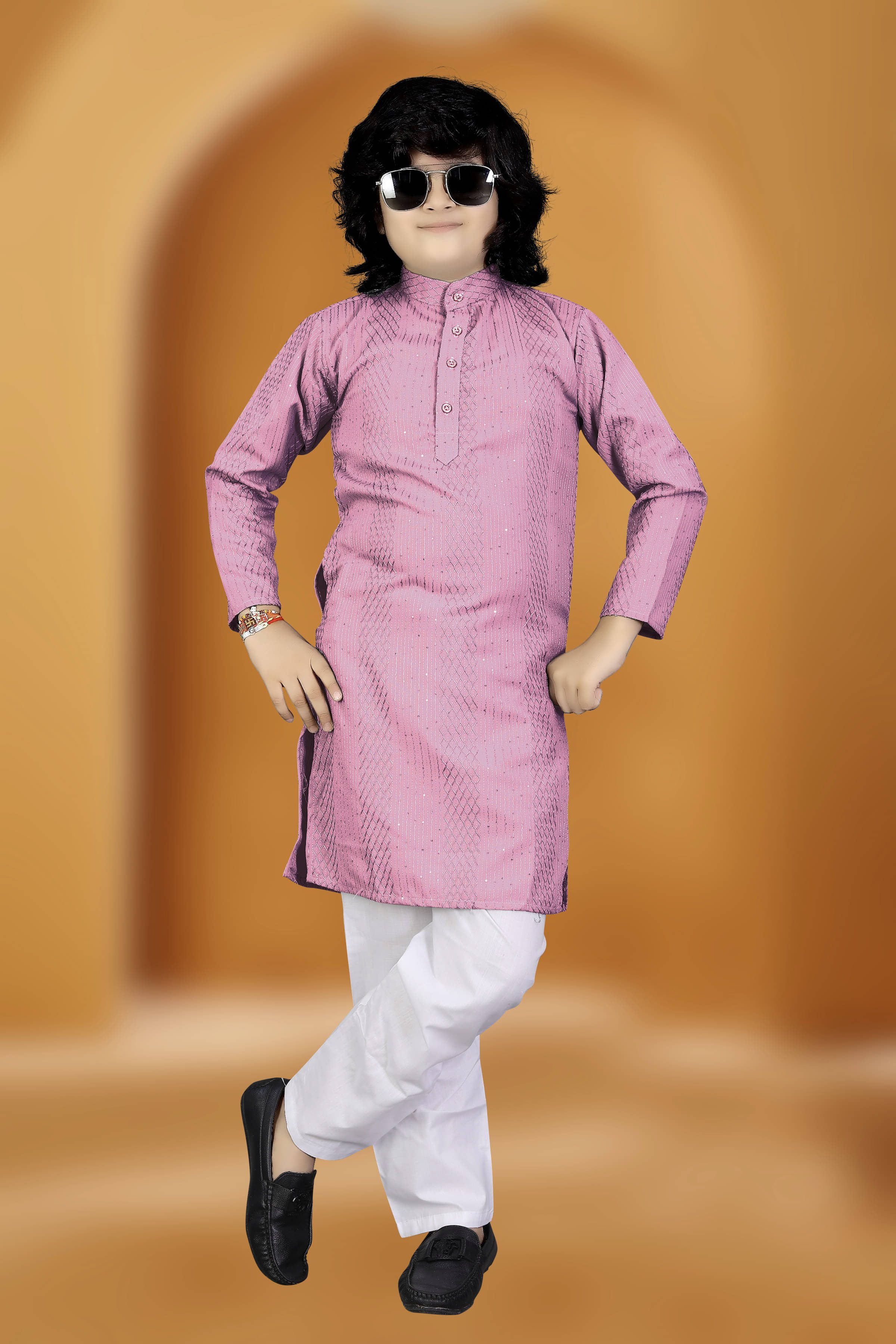     			KUNJ CRAETION Boys Cotton Blend Pink Kurta Pyjama Set ( Pack of 1 )