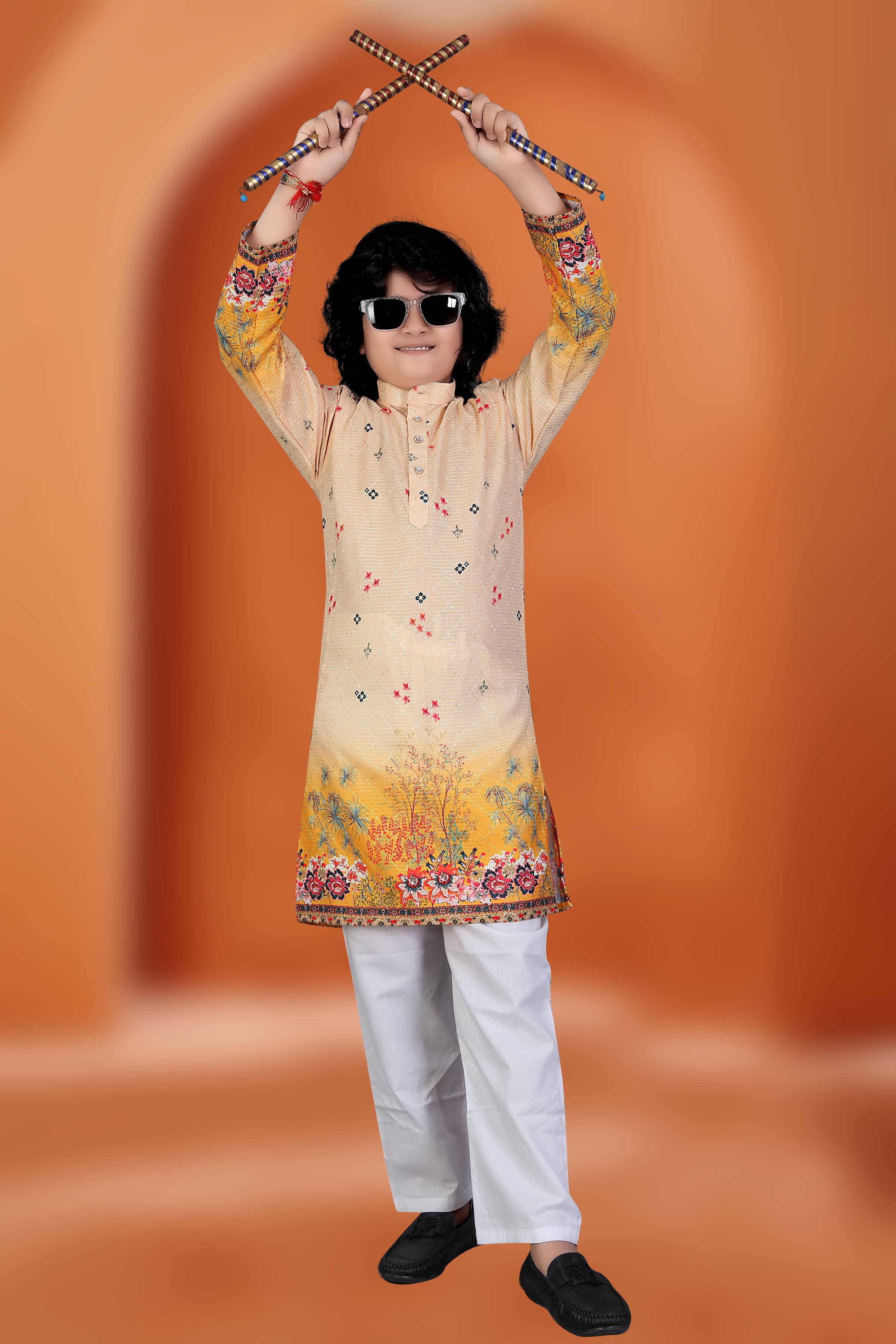     			KUNJ CRAETION Boys Cotton Blend Yellow Kurta Pyjama Set ( Pack of 1 )