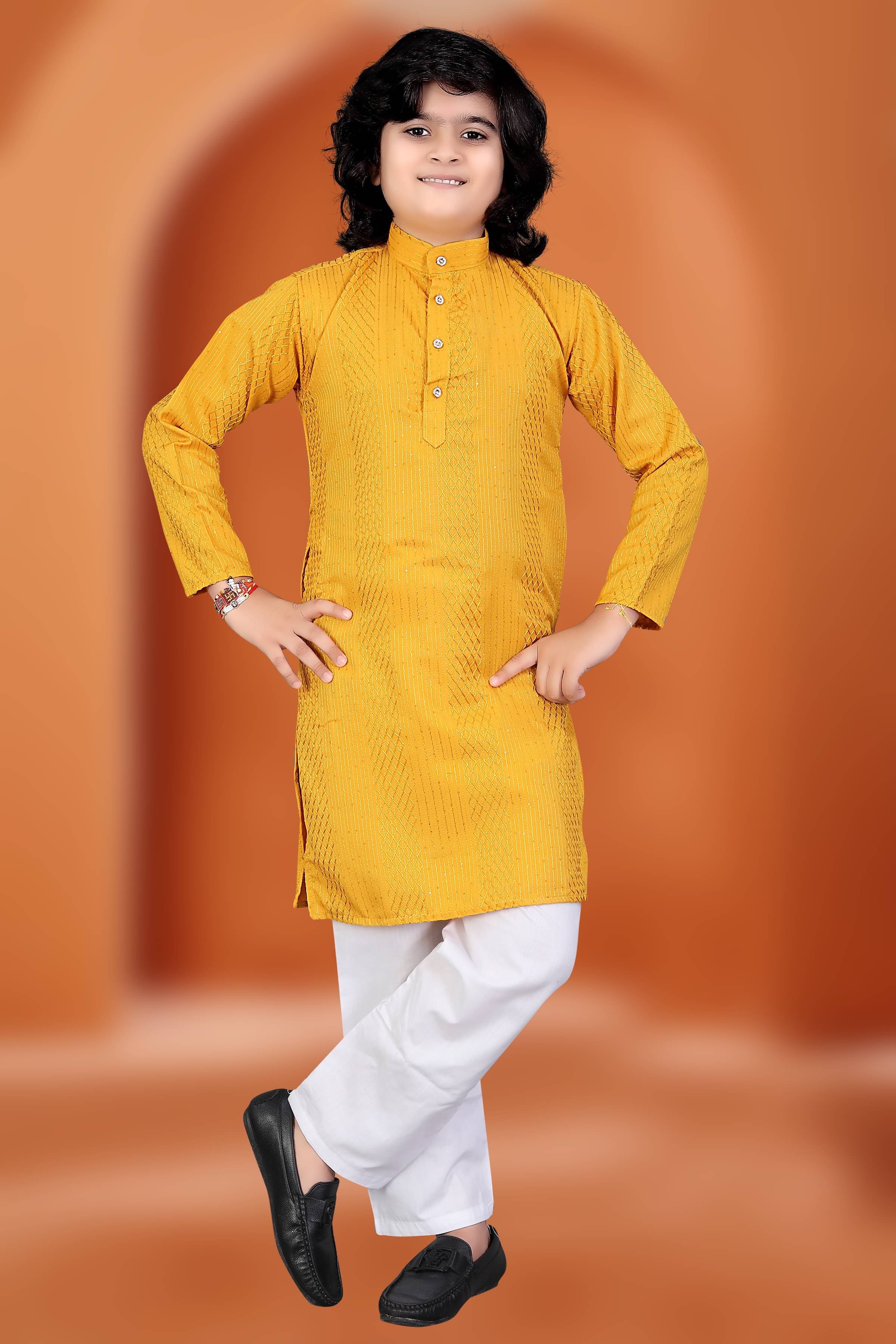     			KUNJ CRAETION Boys Cotton Blend Yellow Kurta Pyjama Set ( Pack of 1 )