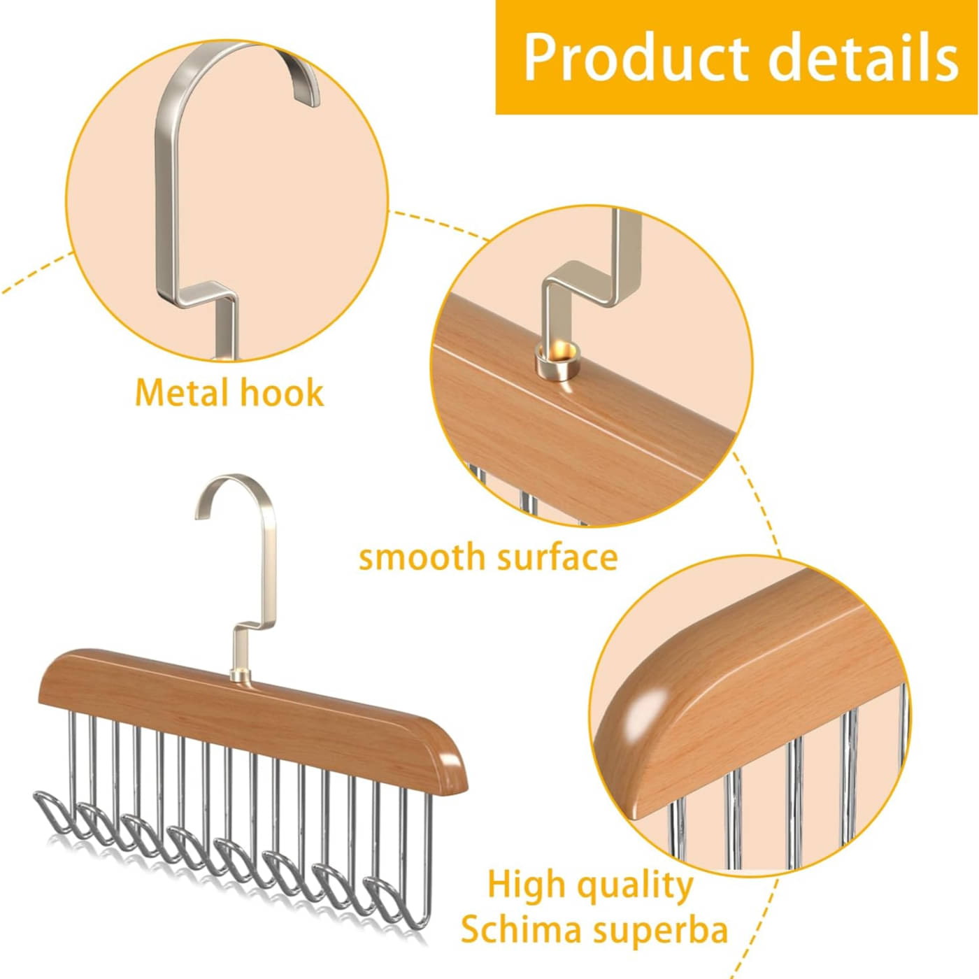     			Wooden Hanger - Multipurpose Adjustable 8 Hooks Closet Wooden Hanger for Lingerie, Belt, Scarf, Tie, Garments, Perfect Storage Holder Organizer Hangers for Wardrobe and Cupboard (28X19CM, 1)