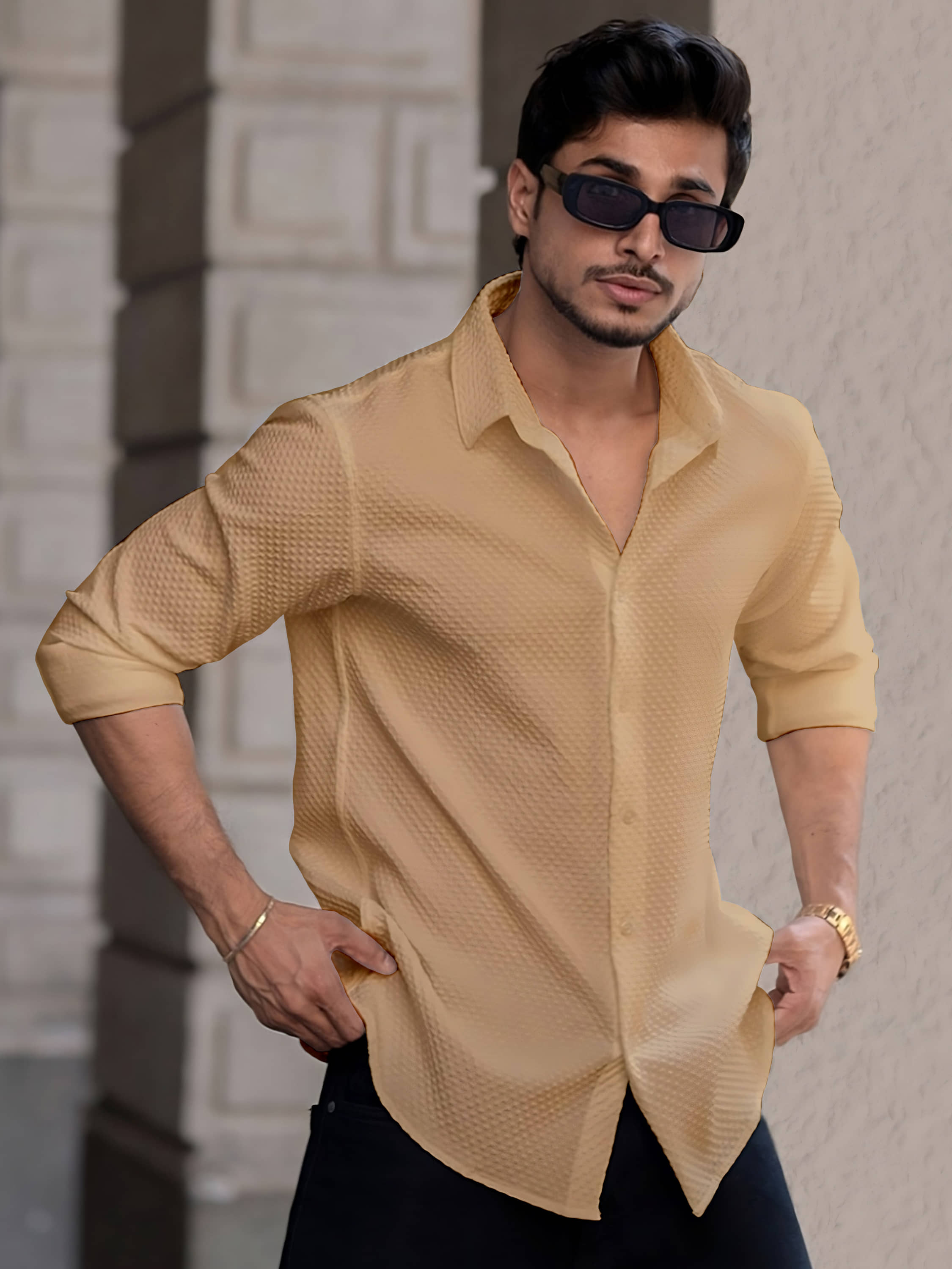 color bucket Cotton Blend Regular Fit Popcorn Textured Full Sleeves Men's Casual Shirt - Cream ( Pack of 1 )