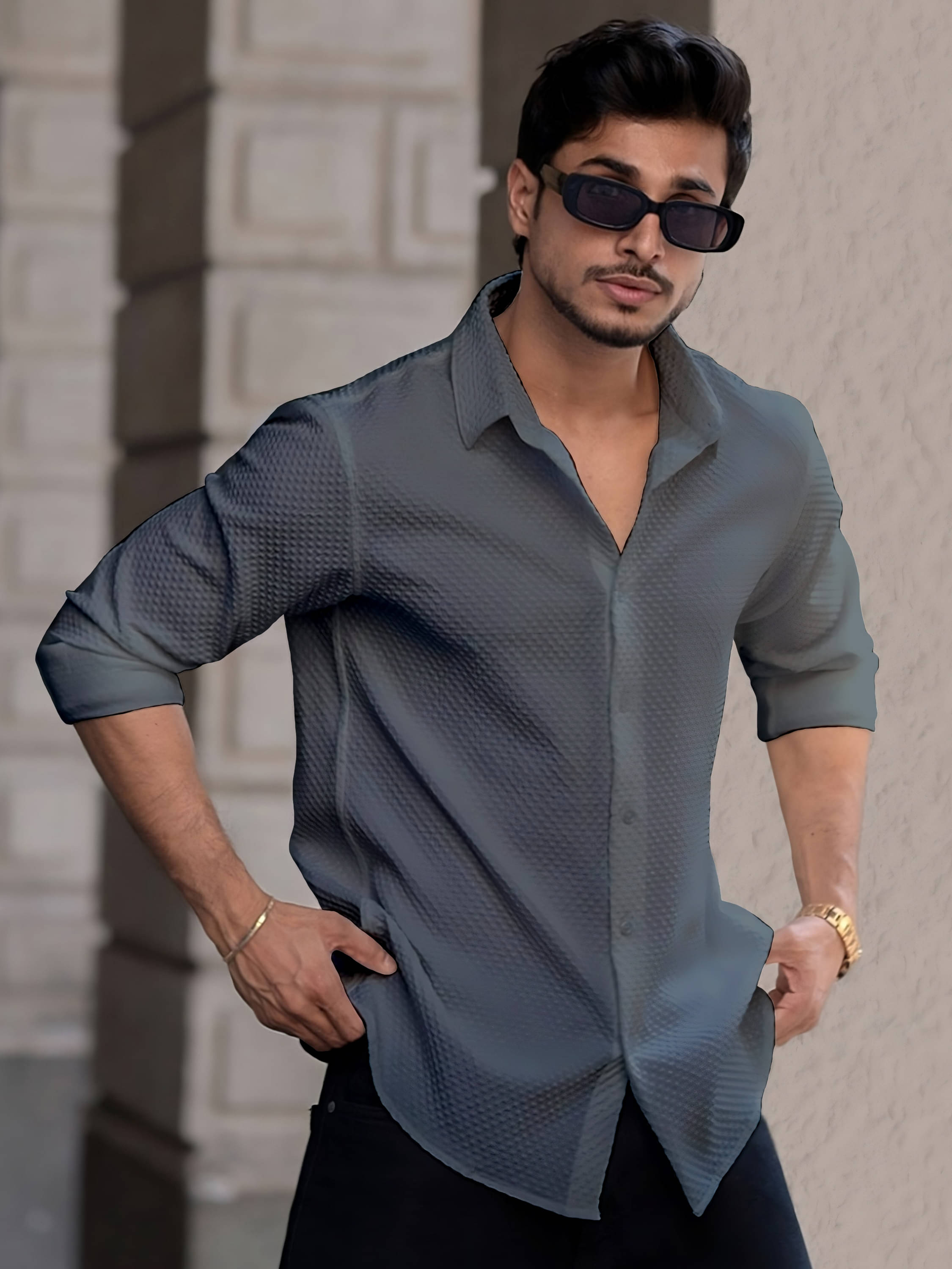     			color bucket Cotton Blend Regular Fit Popcorn Textured Full Sleeves Men's Casual Shirt - Grey ( Pack of 1 )