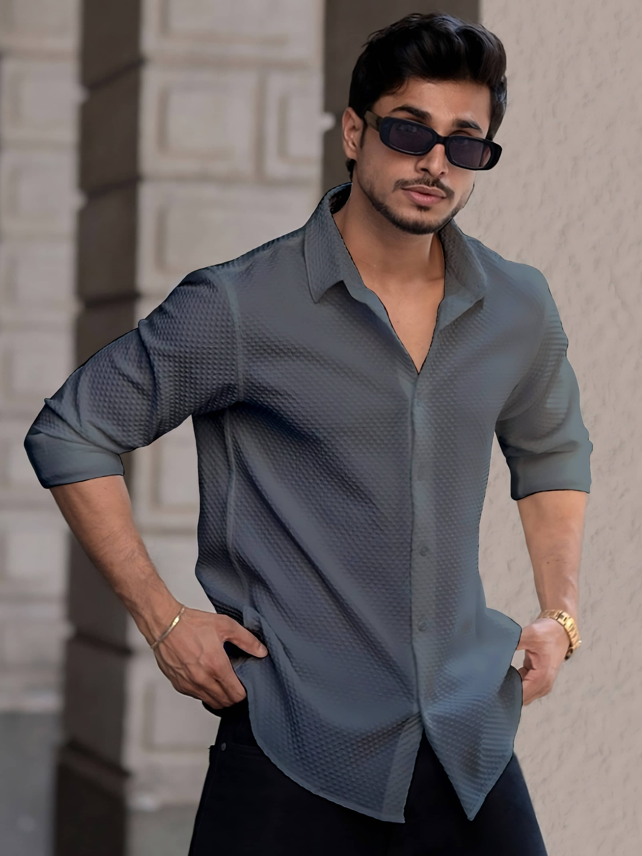 color bucket Cotton Blend Regular Fit Popcorn Textured Full Sleeves Men's Casual Shirt - Grey ( Pack of 1 )