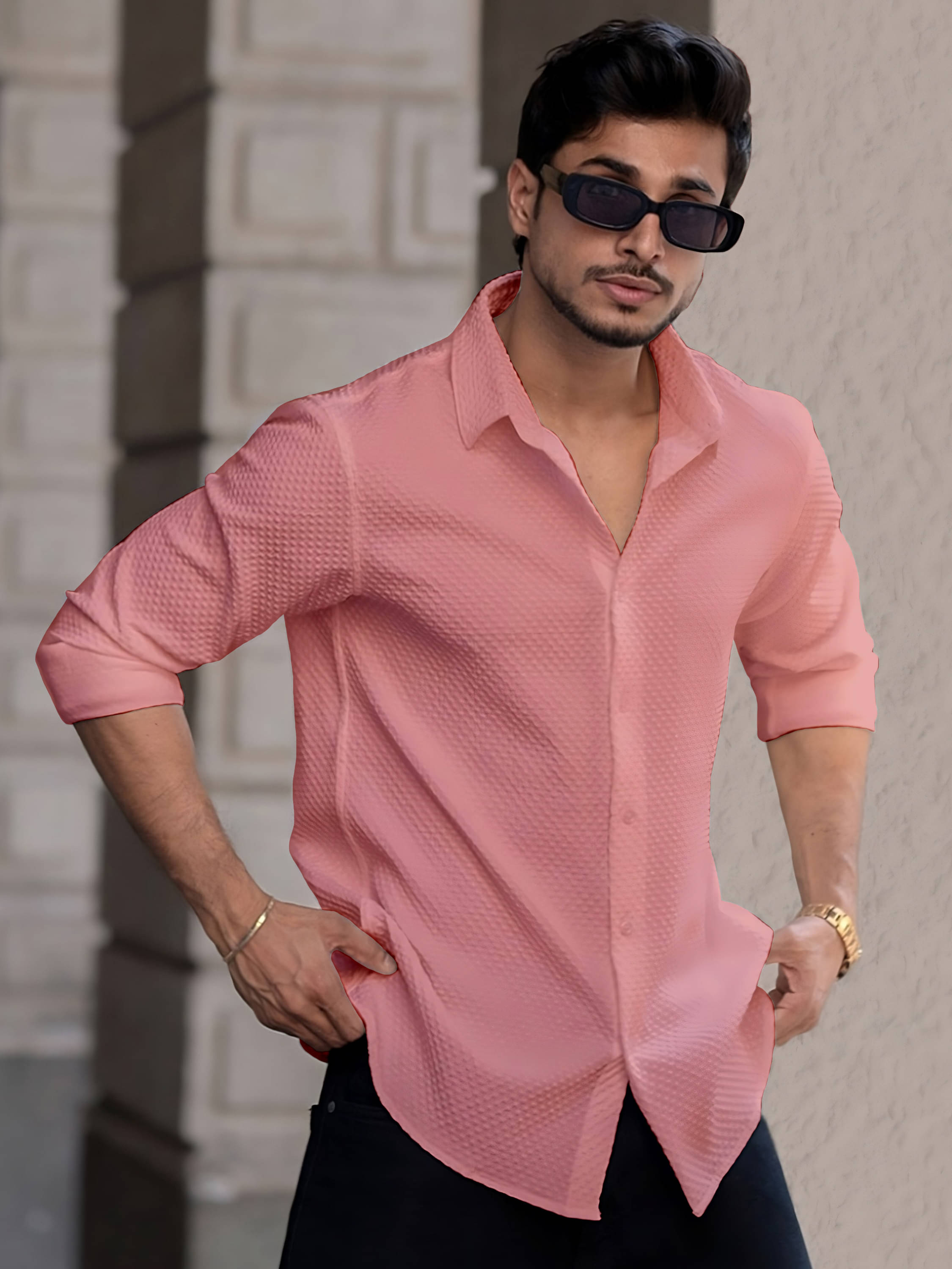     			color bucket Cotton Blend Regular Fit Popcorn Textured Full Sleeves Men's Casual Shirt - Peach ( Pack of 1 )