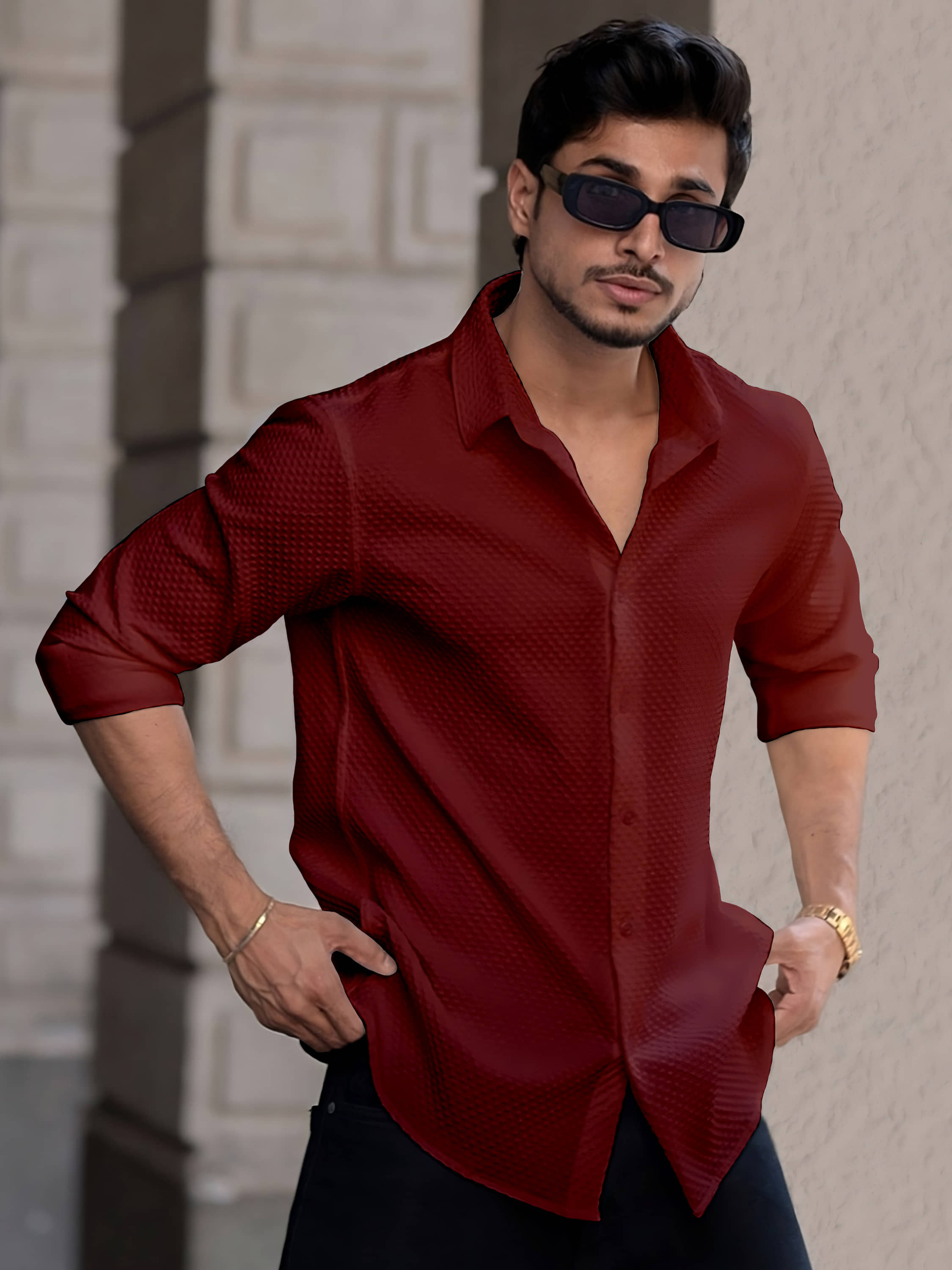 color bucket Cotton Blend Regular Fit Popcorn Textured Full Sleeves Men's Casual Shirt - Maroon ( Pack of 1 )