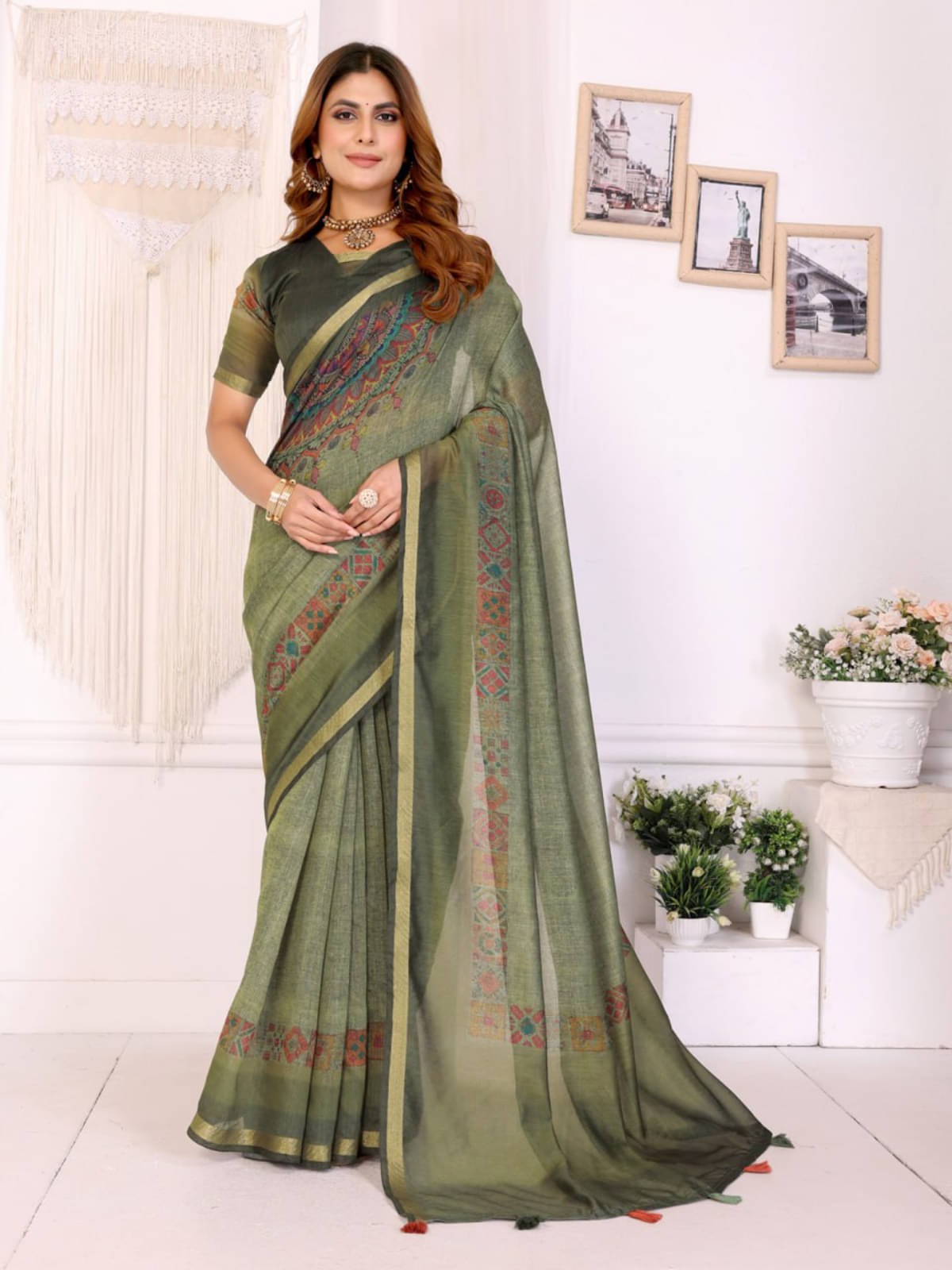     			kastbhanjan Chanderi Printed Chanderi saree With Unstitched Blouse Piece ( Olive,Green )