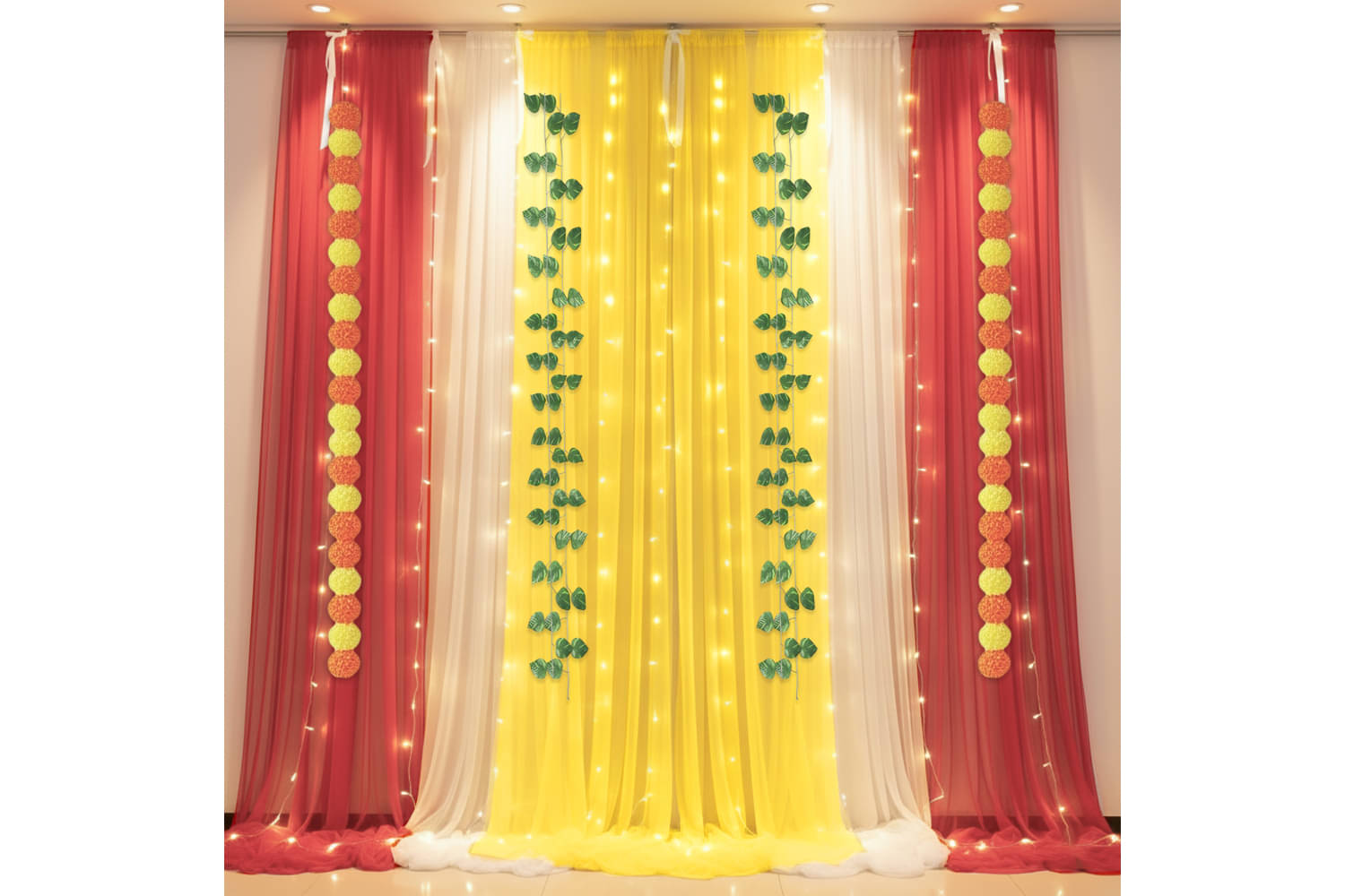     			1iAM Navaratri Decoration Items Pack of 18 - Yellow-Red-White Nets, Marigolds, Leaves, Lights, Hooks & Ribbons For Program Stage, Pandal, Shopping Mall Decor | Traditional Festive Decorative Items