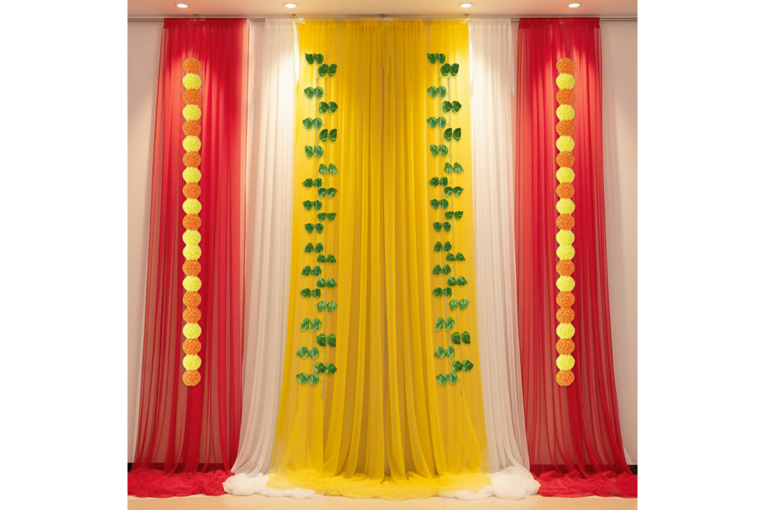    			1iAM Navaratri Decoration Items Pack of 16 - Yellow-Red-White Nets, Marigolds, Leaves, Hooks & Ribbons For Program Stage, Hall, Pandal, Shopping Mall Decor | Traditional Puja Festive Decorative Items