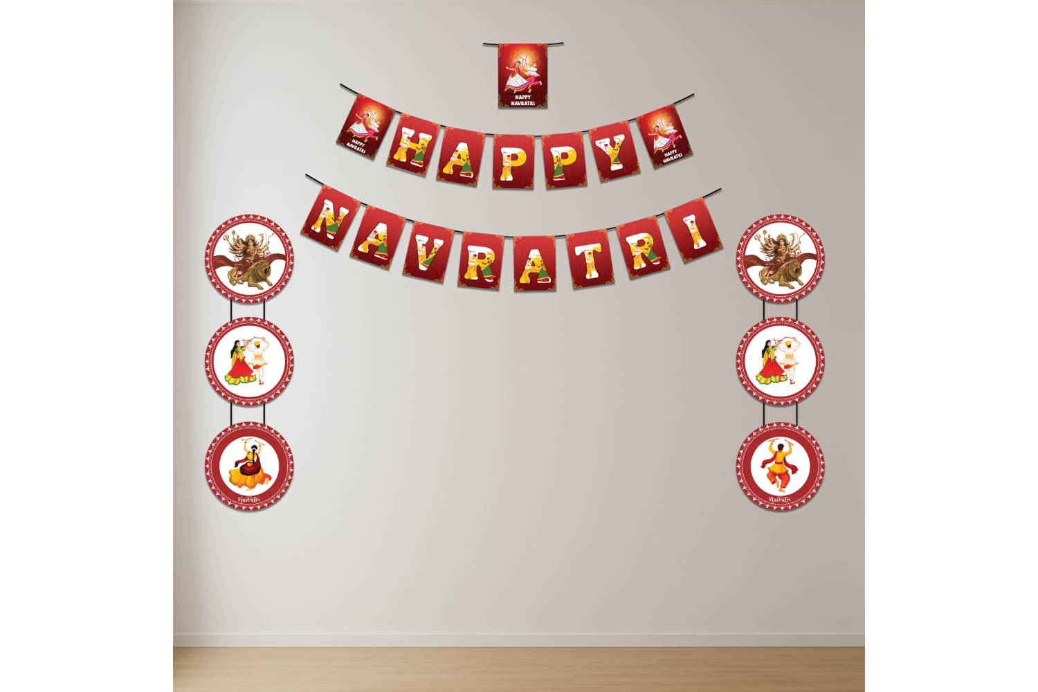     			1iAM Navaratri Decoration Items Pack of 3 - Yellow Red "HAPPY NAVRATRI" Paper Banner & Chandmala For Backdrop Decoration | Traditional Festive Decorative Items For Home, Mandir, Office & Event Decor